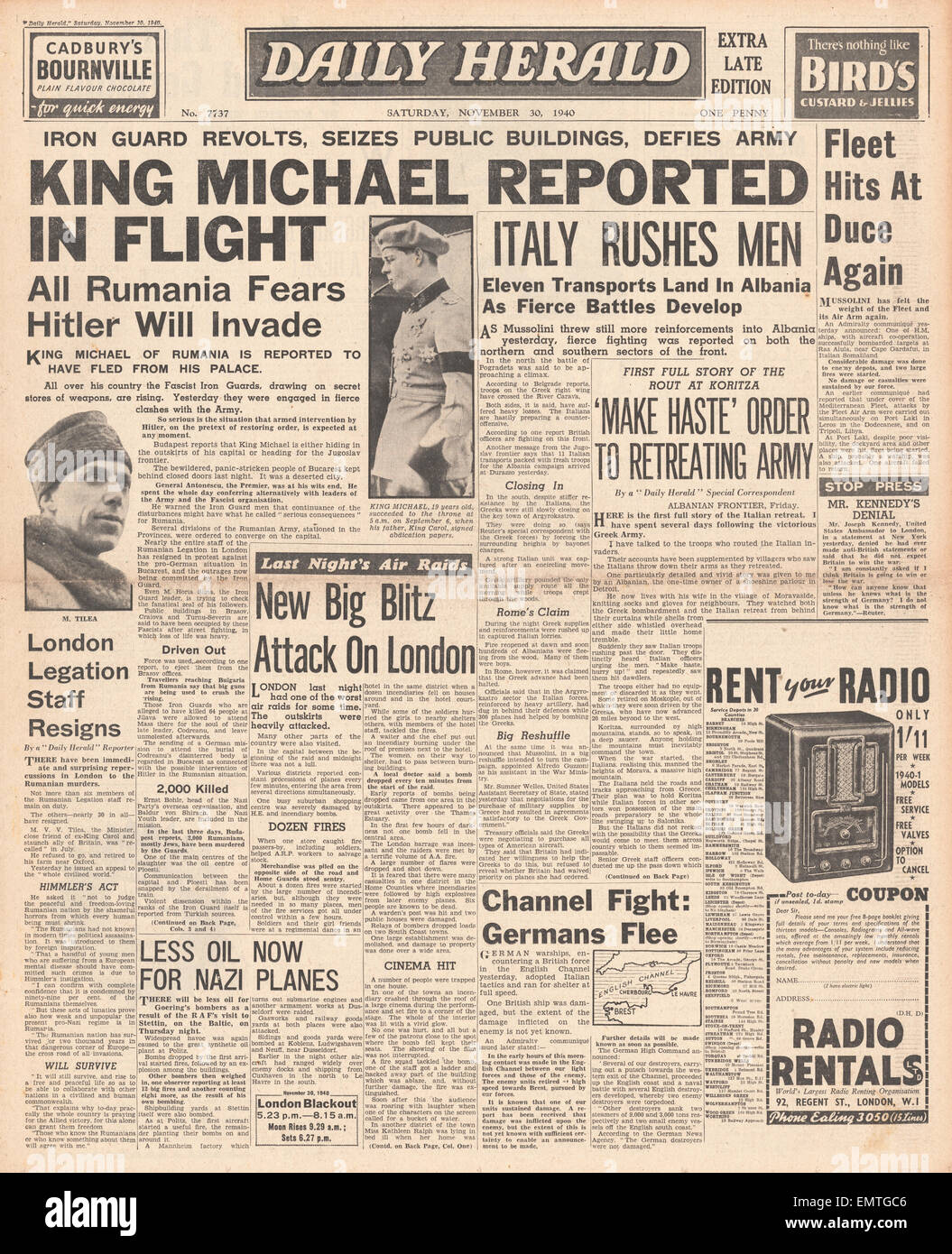 1940 front page Daily Herald le roi Michael fuit la Roumanie Banque D'Images