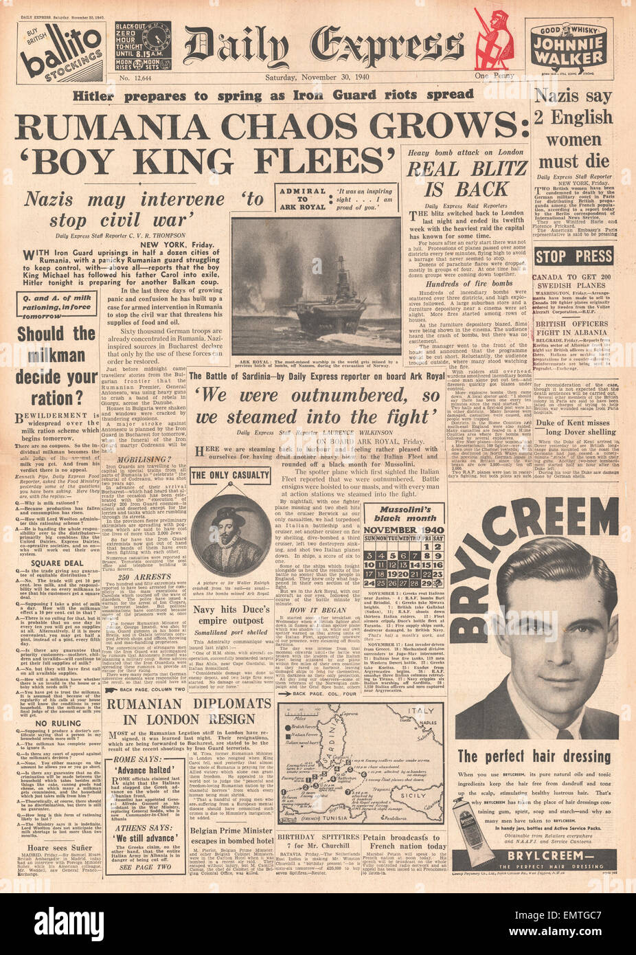 1940 front page Daily Express King Michael fuit la Roumanie Banque D'Images