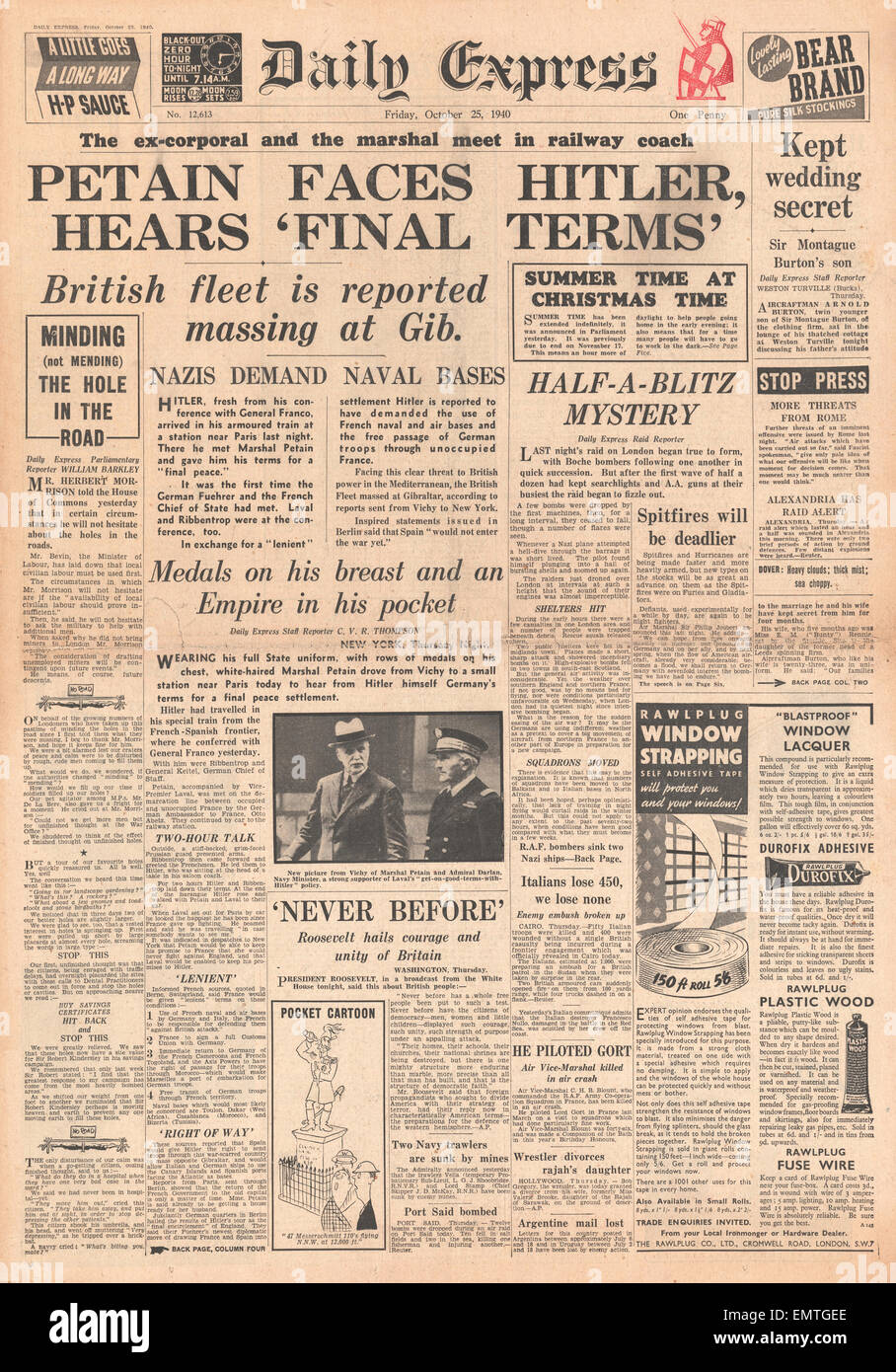 1940 front page Daily Express rencontre Hitler Petain sur Français / Frontière espagnole Banque D'Images