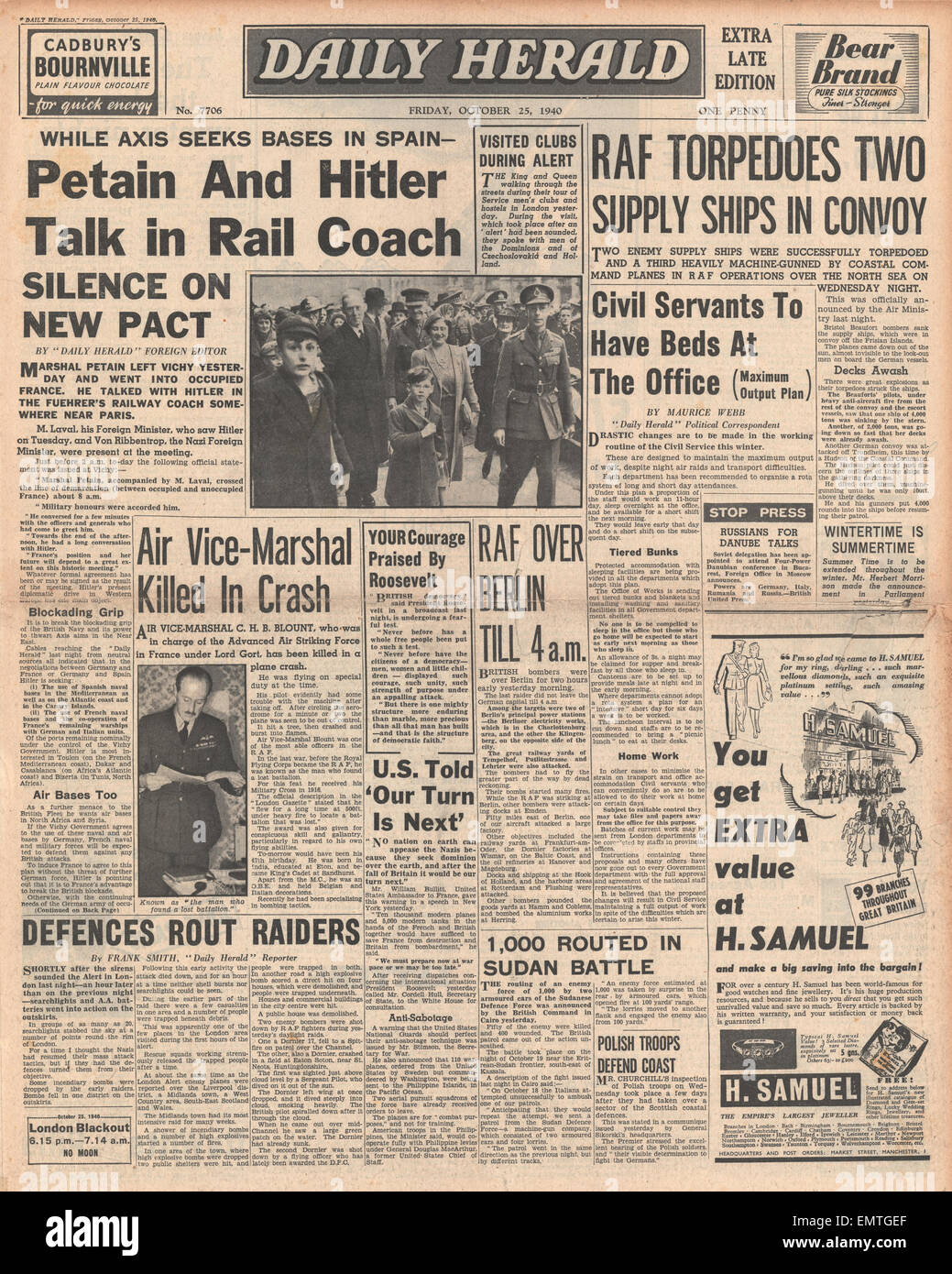 1940 front page Daily Herald Hitler rencontre Pétain sur l'anglais - Frontière espagnole Banque D'Images