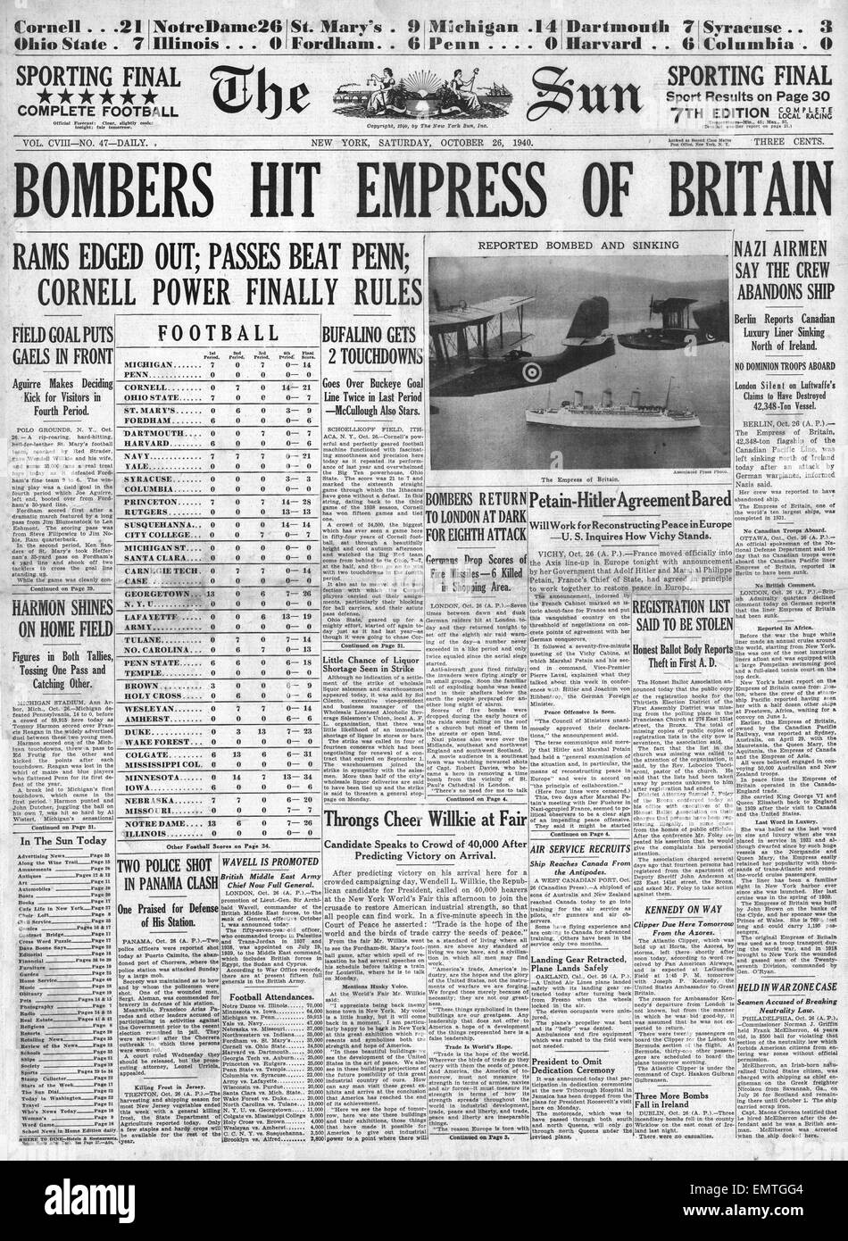 1940 front page Le Soleil (New York) attaque de bombardiers allemands RMS Empress of Britain Banque D'Images