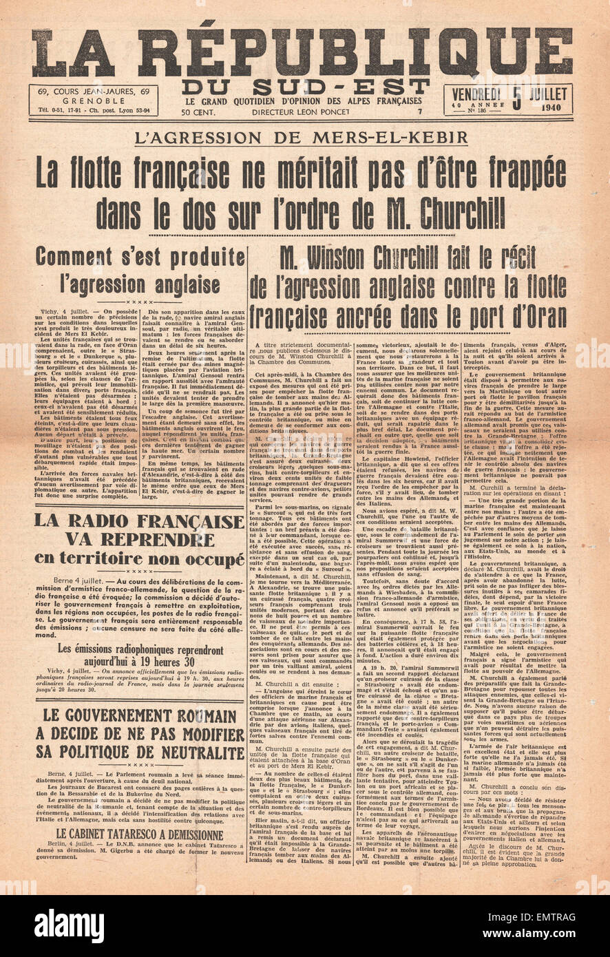 1940 La République de la marine française attaqué par la Marine royale à Oran (Mers-el-Kebir) Banque D'Images
