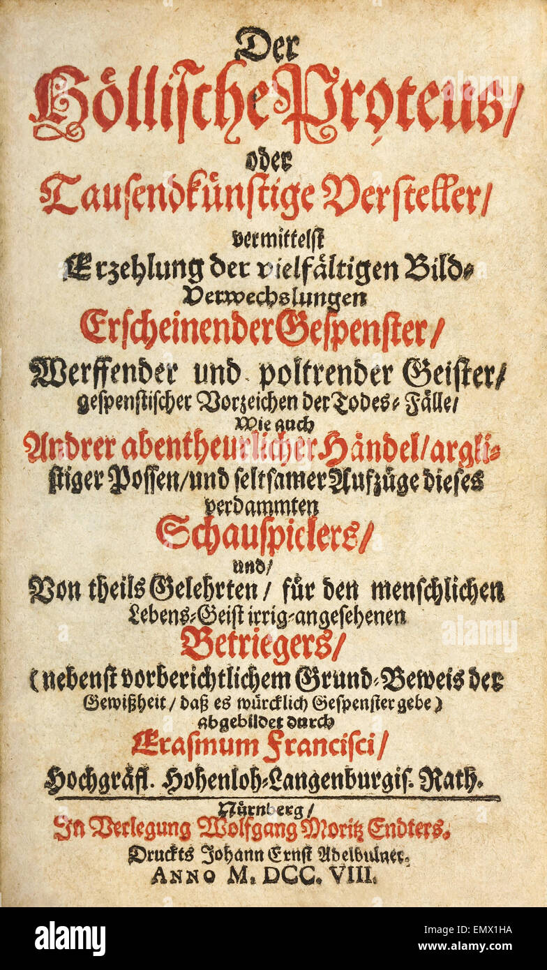 Page de titre de 'Der Höllische Proteus' ('l'infernal Proteus') par Erasmus Finx (1627-1694) publié en 1695. Voir la description pour plus d'informations. Banque D'Images