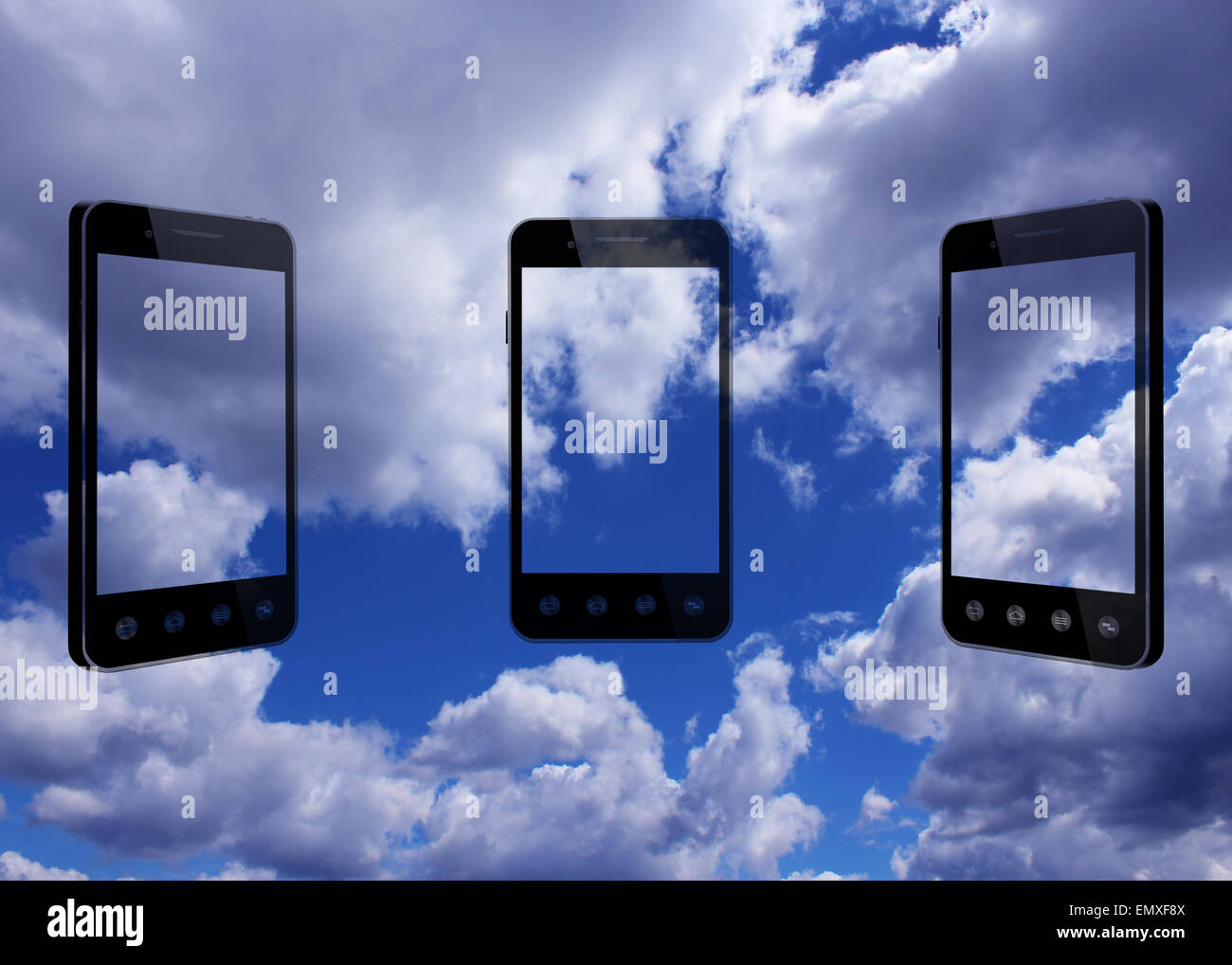 Smart-phones transparent sur le fond bleu ciel magnifique Banque D'Images