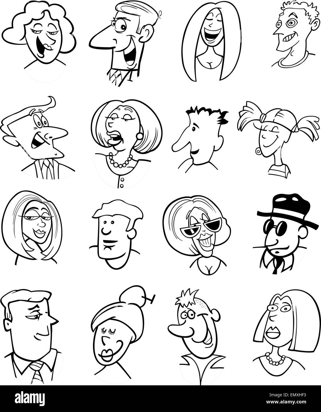 Illustration Cartoon noir et blanc de gens ensemble Visages Personnages Illustration de Vecteur