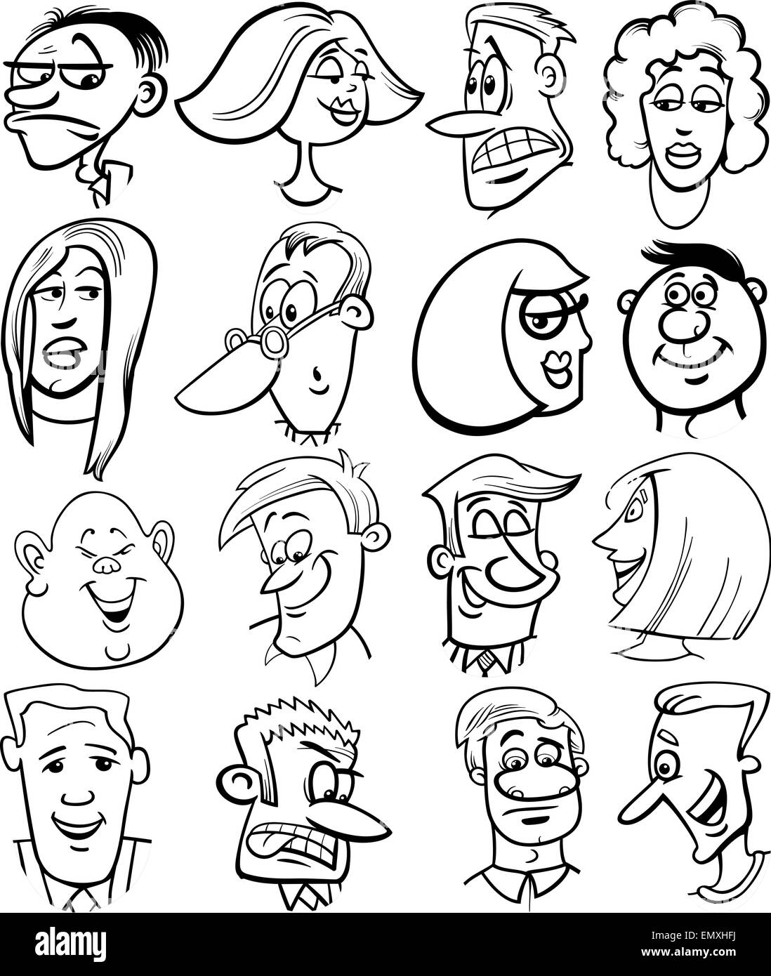 Illustration Cartoon noir et blanc de gens ensemble Visages Personnages Illustration de Vecteur