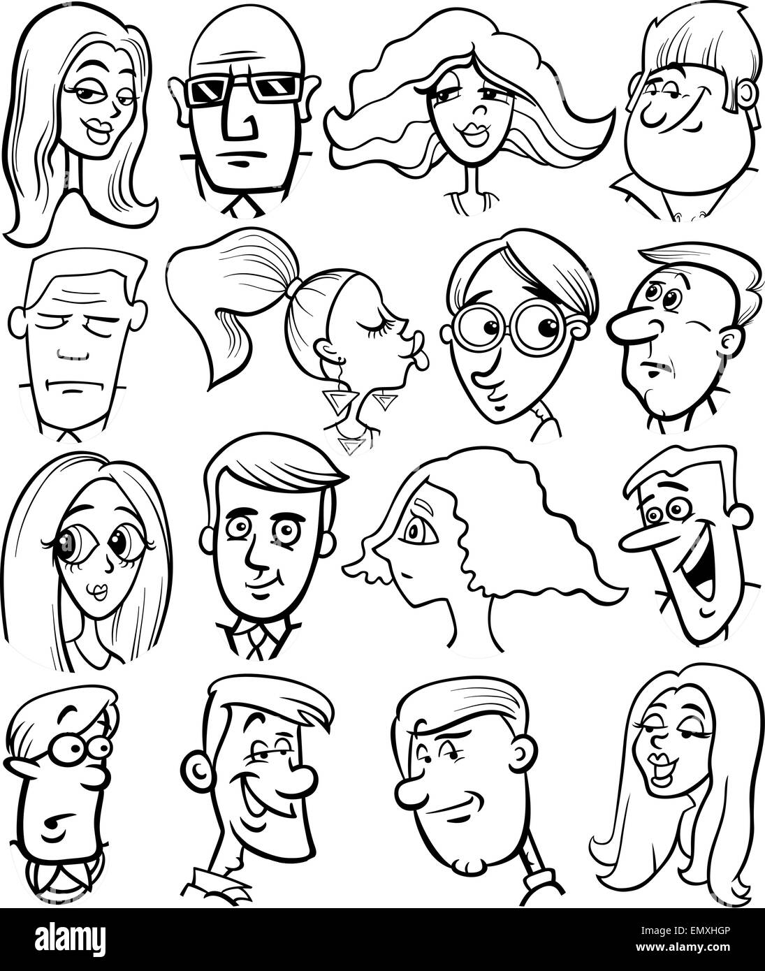 Illustration Cartoon noir et blanc de gens ensemble Visages Personnages Illustration de Vecteur