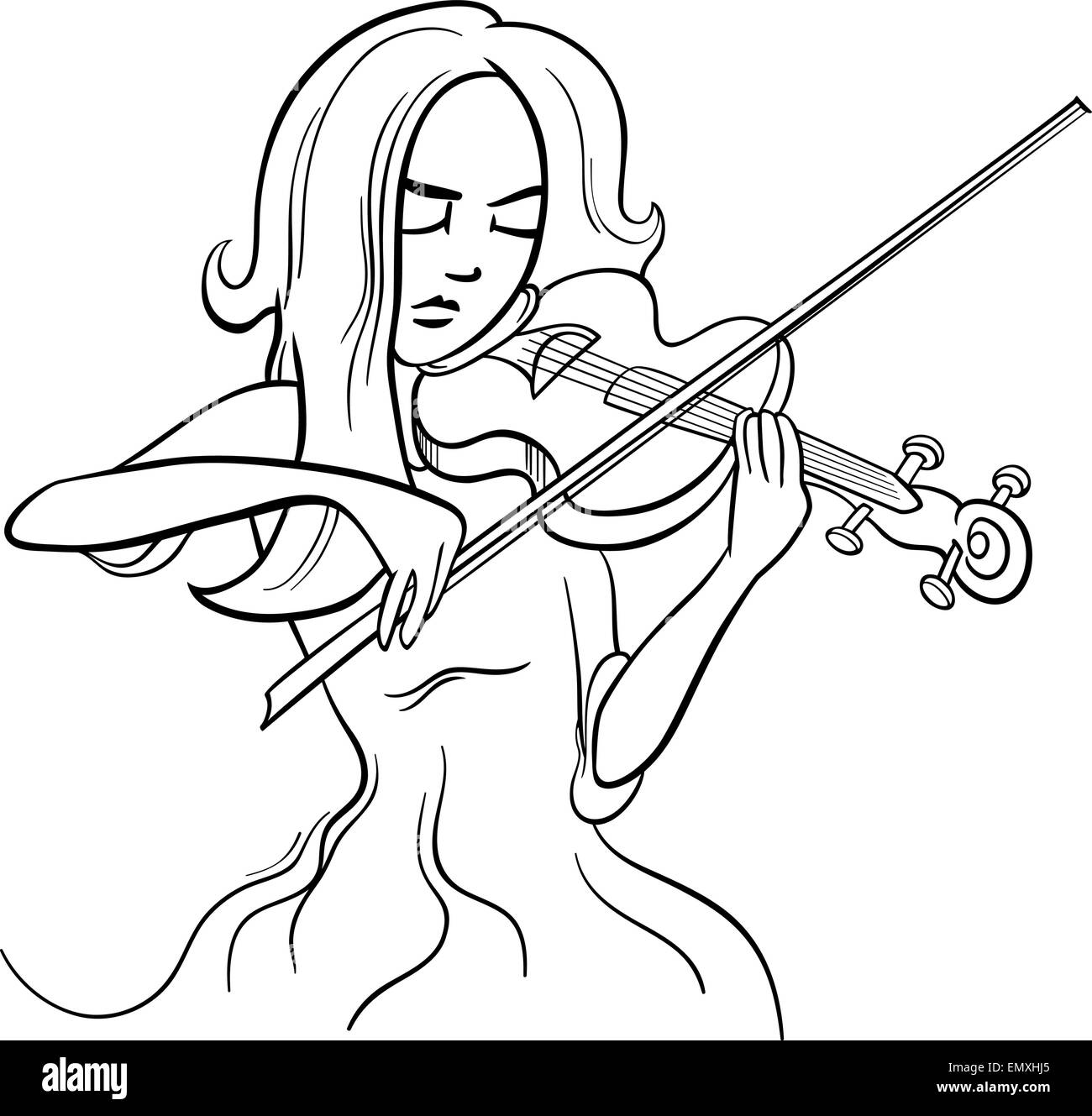 Illustration Cartoon noir et blanc de violoniste femme ou fille Belle à jouer du violon Instrument Illustration de Vecteur