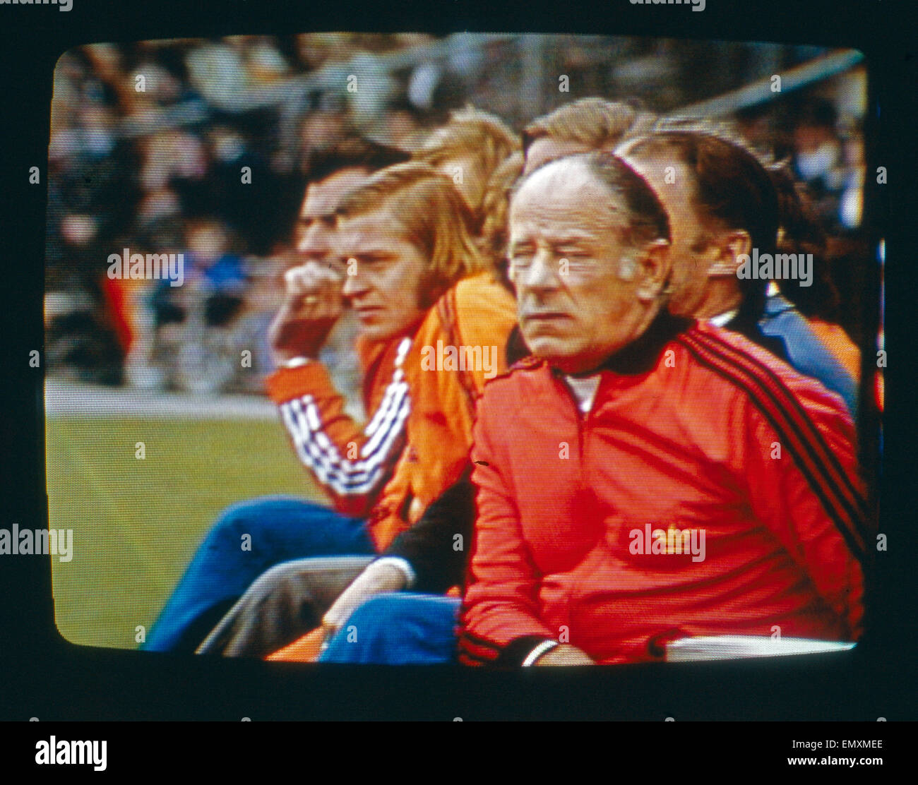 Trainerbank die der niederländischen Mannschaft beim Endspiel der Fußball Weltmeisterschaft 1974 Olympiastadion München im, Deut Banque D'Images