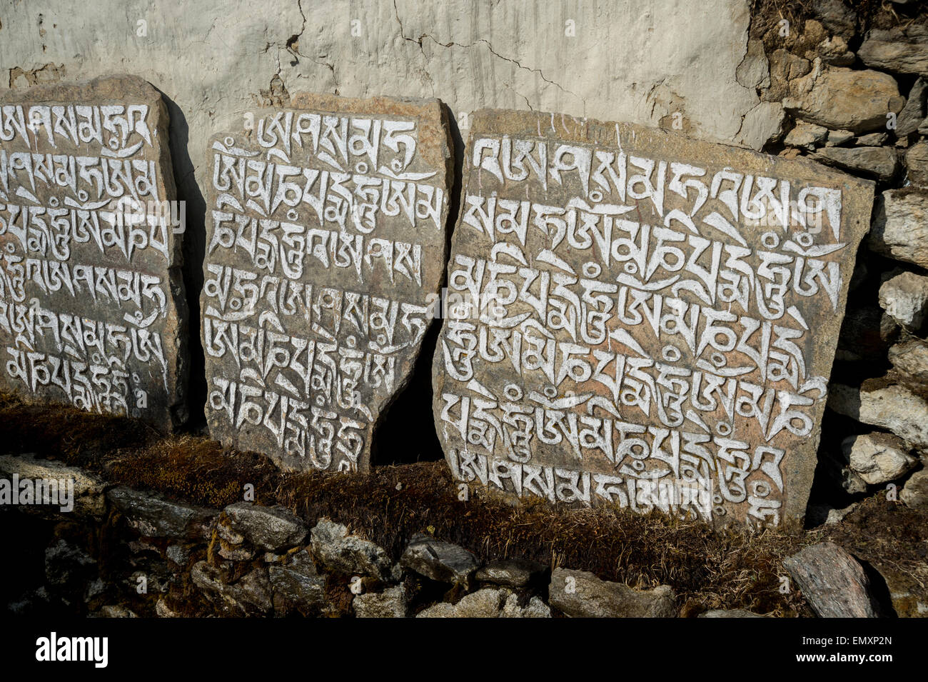 Vieille pierres mani inscrit avec un mantra bouddhiste dans l'himalaya, Népal Banque D'Images