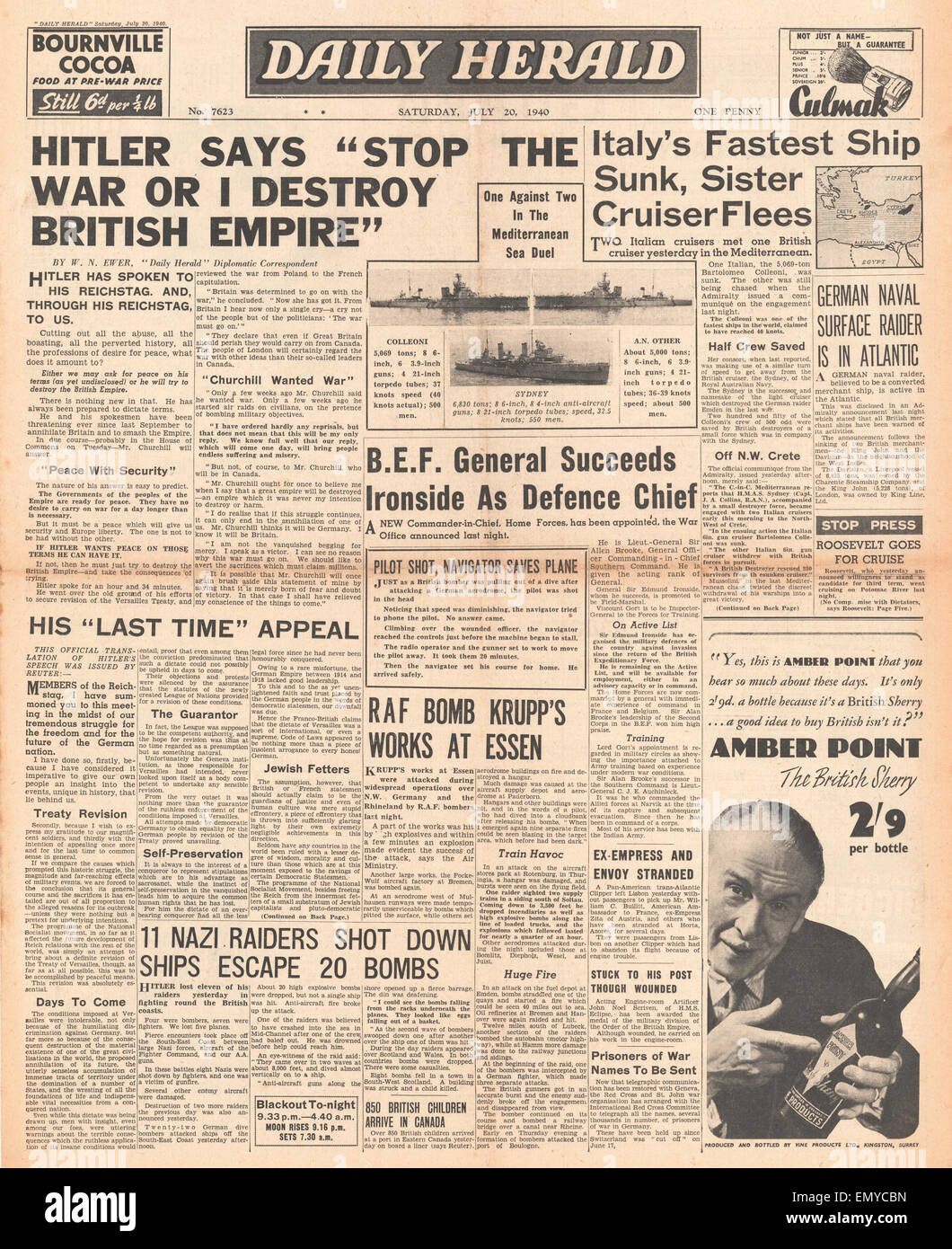1940 front page Daily Herald Hitler demande à la Grande-Bretagne de mettre fin à la guerre de discours du Reichstag cruiser italien Bartolomeo Banque D'Images