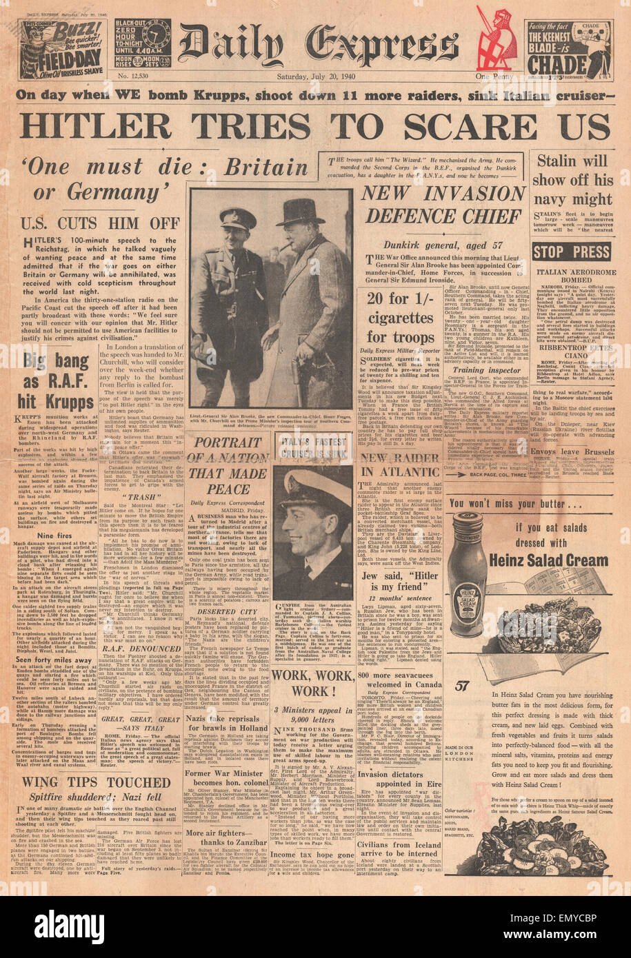 1940 front page Daily Express Hitler demande à la Grande-Bretagne de mettre fin à la guerre de discours du Reichstag cruiser italien Bartolomeo Banque D'Images