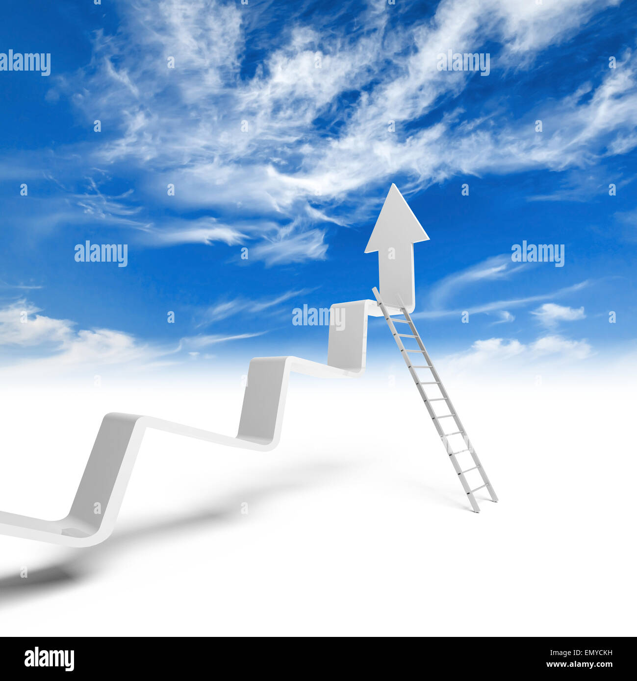 Ligne de tendance cassée avec la flèche sur la fin et l'échelle en métal s'inclinent, 3d illustration avec ciel nuageux fond photo Banque D'Images