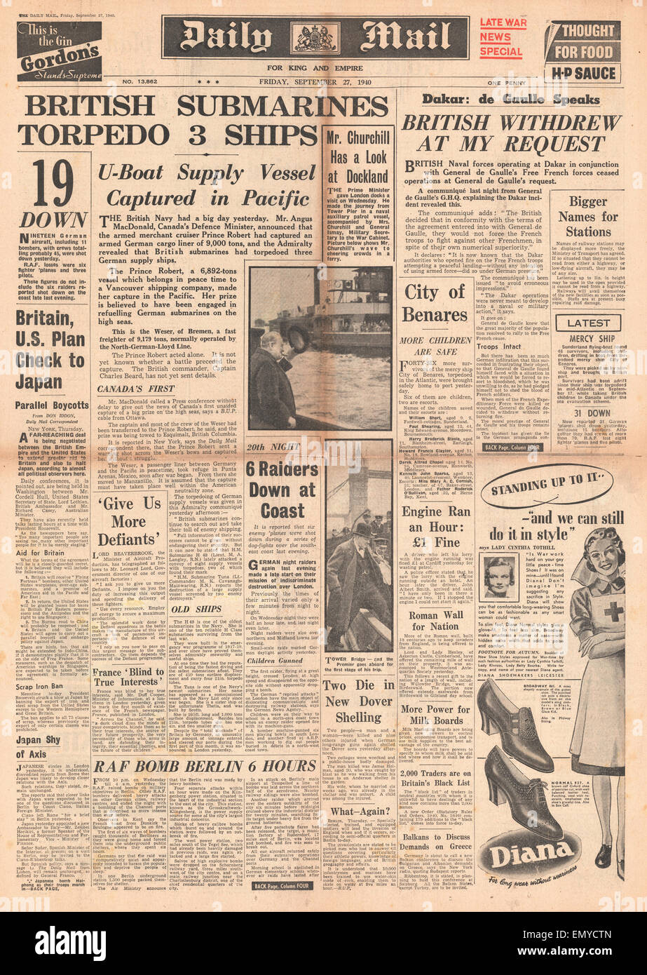 1940 front page Daily Mail sous-marins britanniques trois navires de ravitaillement allemands torpille marchand armé Cruiser Prince Robert Banque D'Images