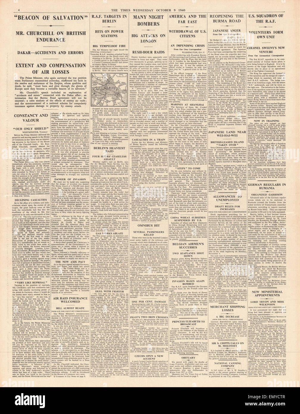 1940 fois la page avant le discours de Winston Churchill au cours de l'expédition de Dakar, au cours des raids aériens à l'échelle nationale l'Allemagne Grande-Bretagne Banque D'Images