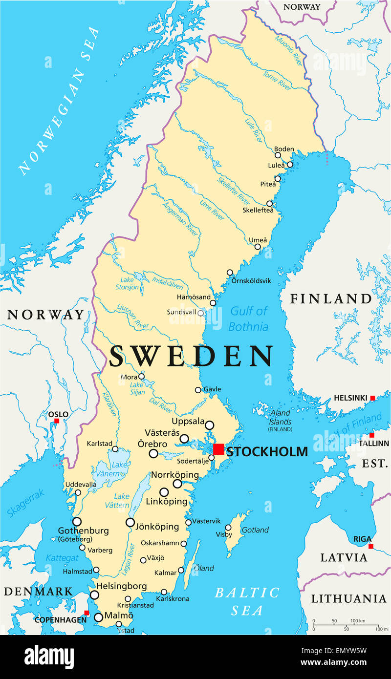 Carte Politique de la Suède à Stockholm, capitale des frontières  nationales, d'importantes villes, rivières et lacs. English l'étiquetage et  à l'échelle Photo Stock - Alamy