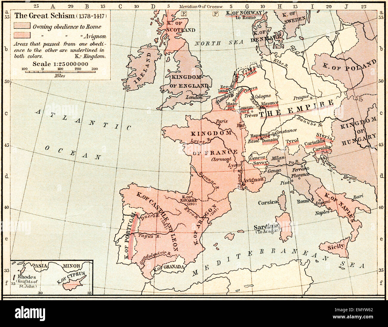 Carte de l'ouest de schisme, ou ou grand schisme papal, 1378 - 1417, montrant l'allégeance de pays européens. Banque D'Images