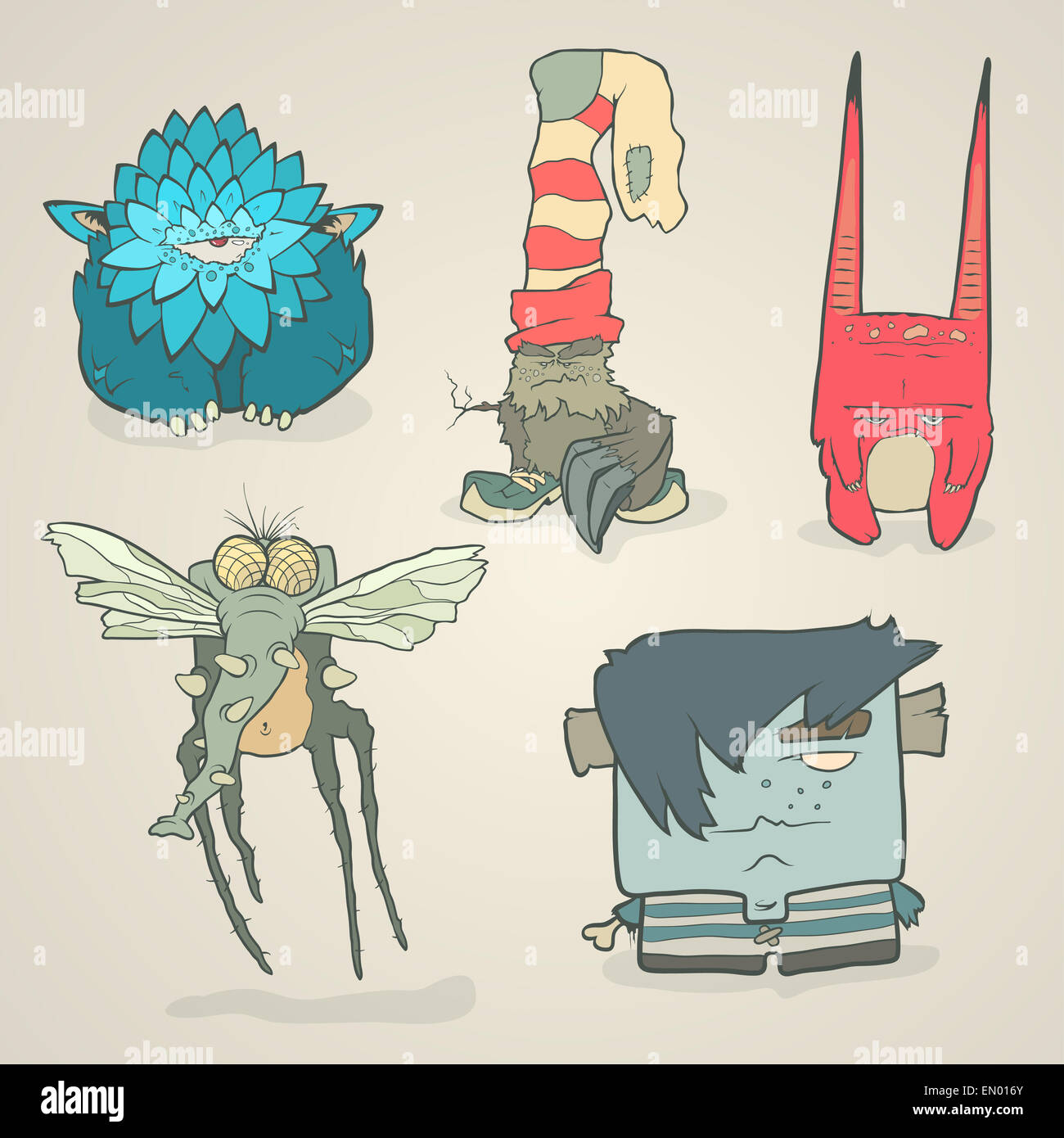 Des illustrations vectorielles cartoon cute monstres ou étrangers avec griffes et crocs Banque D'Images