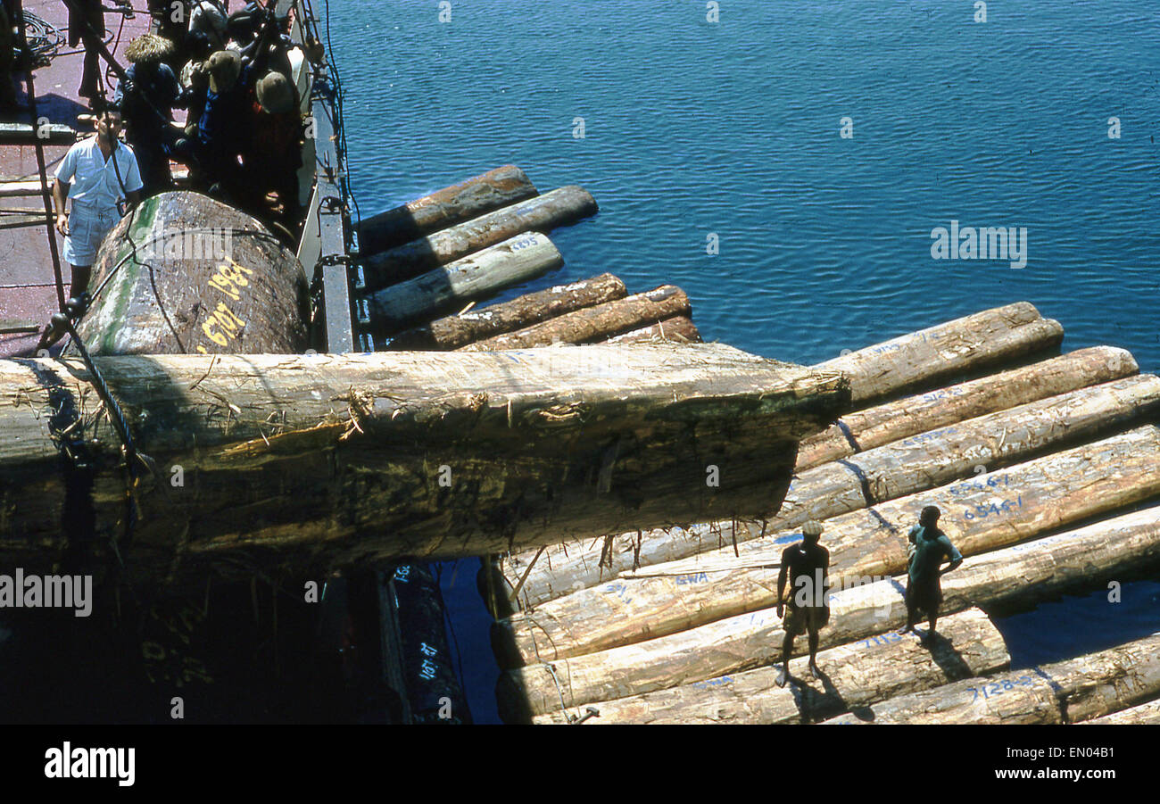 Années 1960, le Ghana, les grosses billes de bois ou d'être chargés à partir de l'eau ci-après, et sur la coque d'un navire pour l'exportation au port de Takoradi. Banque D'Images