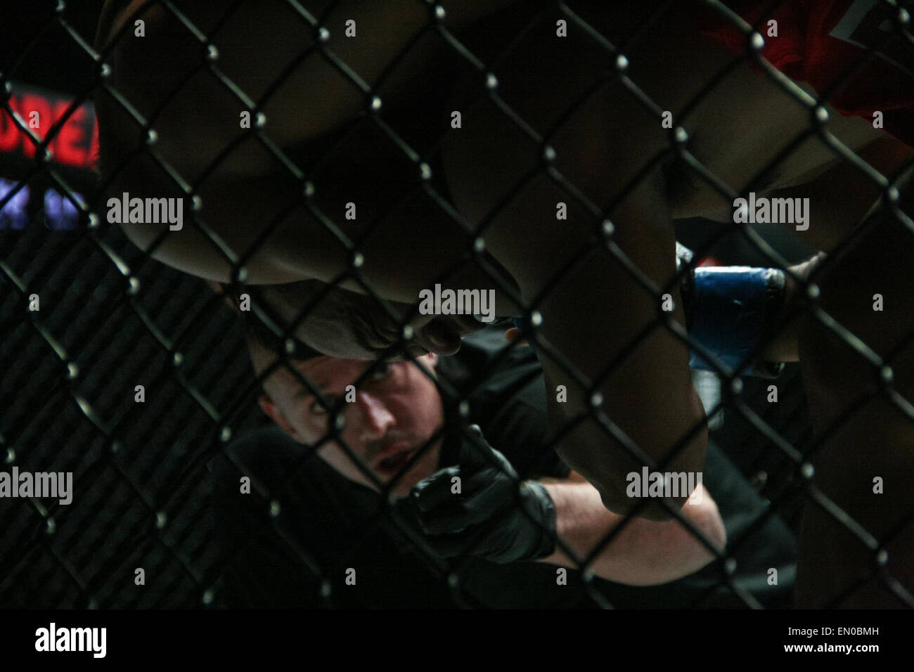 Manila, Philippines. Apr 24, 2015. Arbitre Olivier Coste vérifie sur Jimmy Yabo comme Edward Kelly met sur une prise d'étranglement contre lui lors de la vaillance des Champions Championnat : fight night at the Mall of Asia Arena à Pasay. L'événement principal entre Ben Askren des U.S.A. et Luis Santos a été déclaré un "No contest' après Santos a subi une blessure à l'œil pendant le titre principal combat. Crédit : J Gerard Seguia/Pacific Press/Alamy Live News Banque D'Images