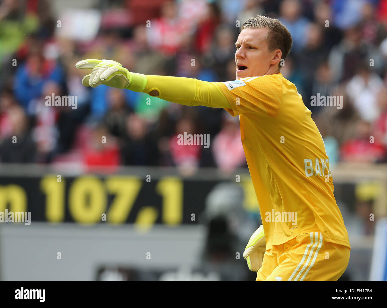 Cologne, Allemagne, 25 avril 2015. Bundesliga, 1. FC Koeln vs Bayer Leverkusen : gardien Bernd Leno (Leverkusen) donne des instructions. Banque D'Images