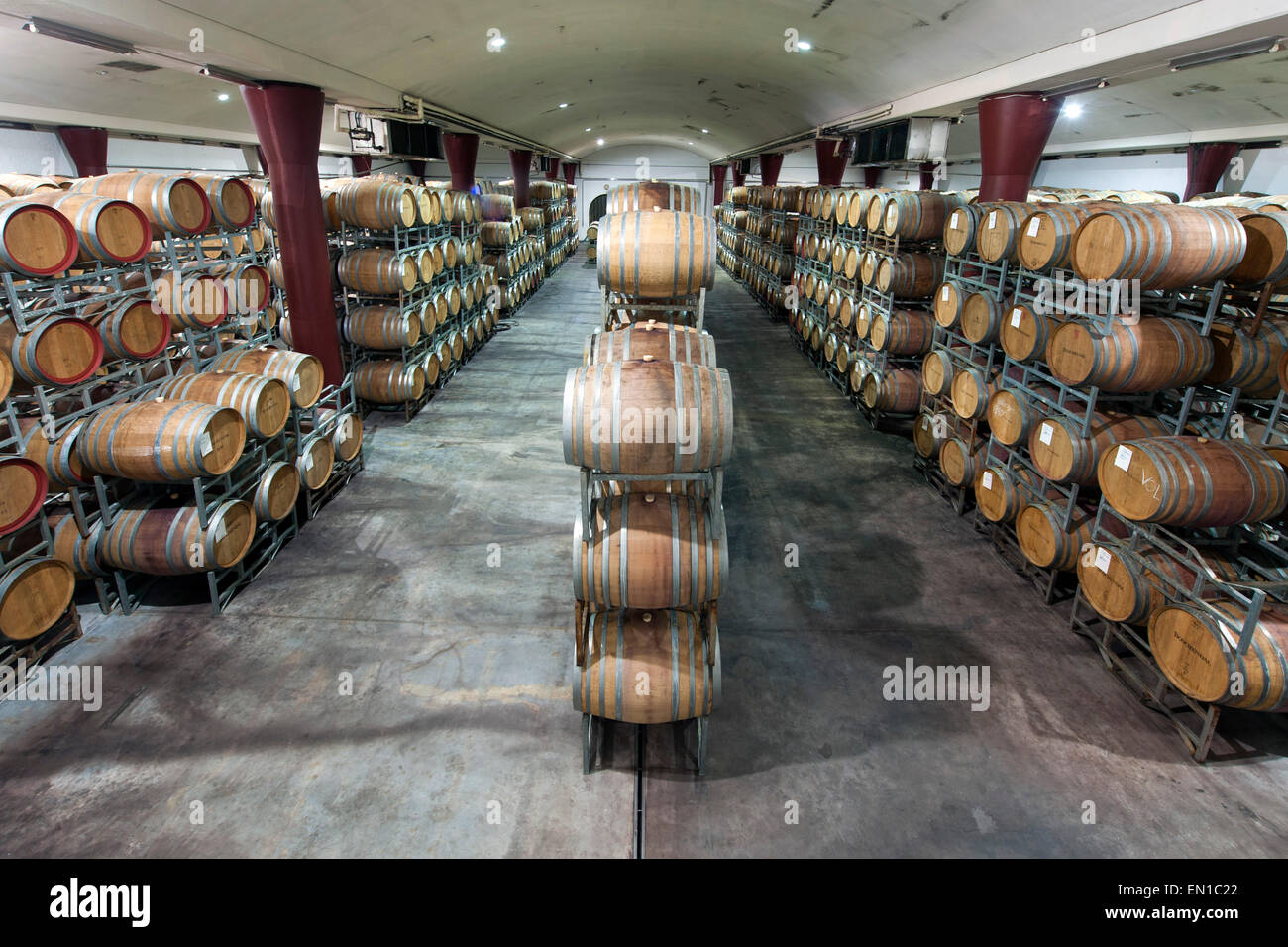 Des tonneaux de vin du vignoble Boschendal à Stellenbosch, Afrique du Sud. Banque D'Images