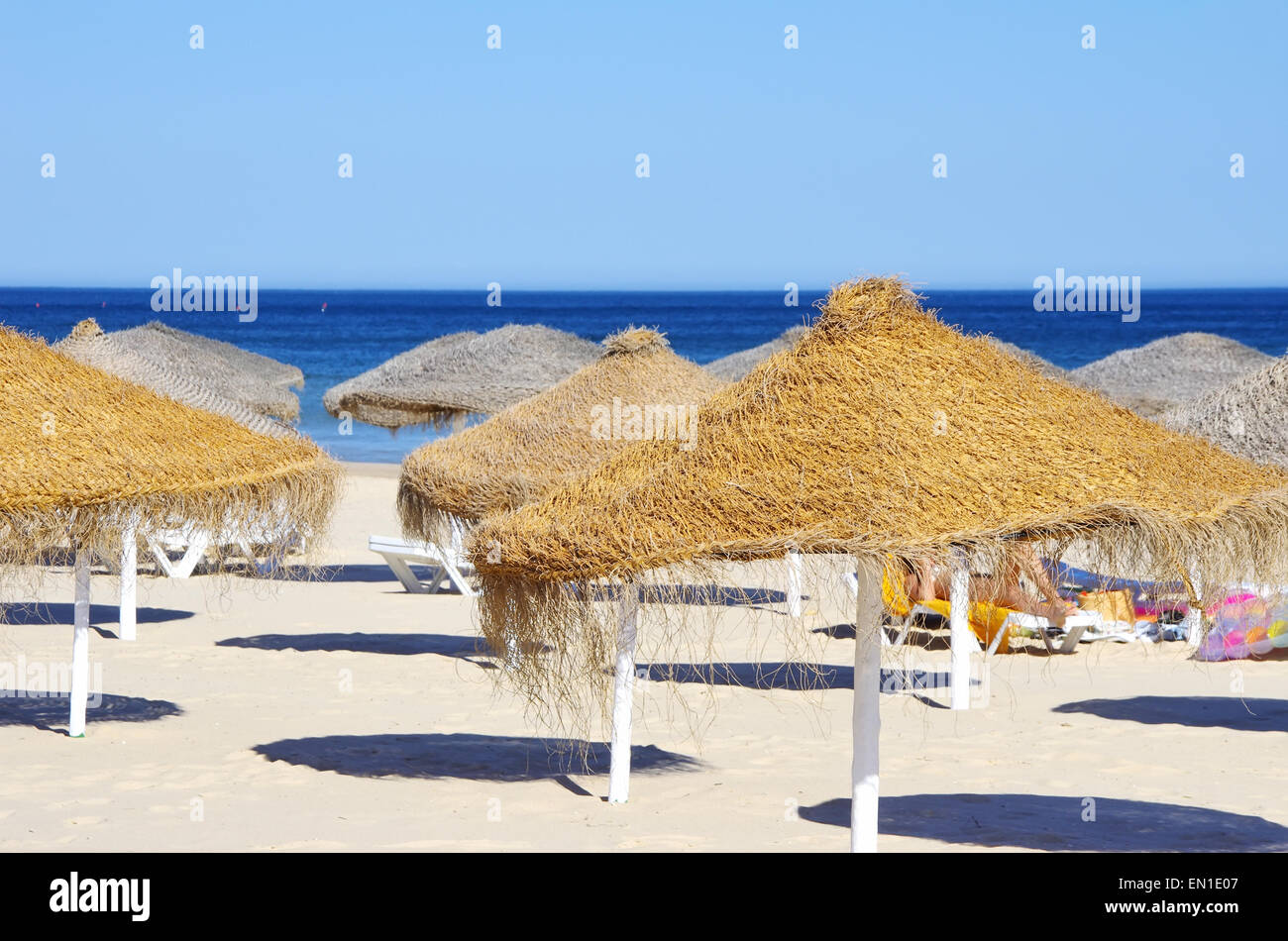 Parasols de plage au Portugal, Algarve Banque D'Images