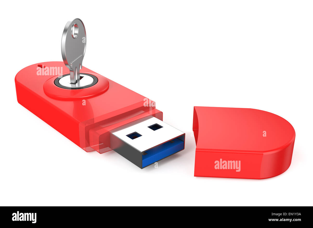 Clé USB rouge ss 3.0 avec clé isolé sur fond blanc Banque D'Images
