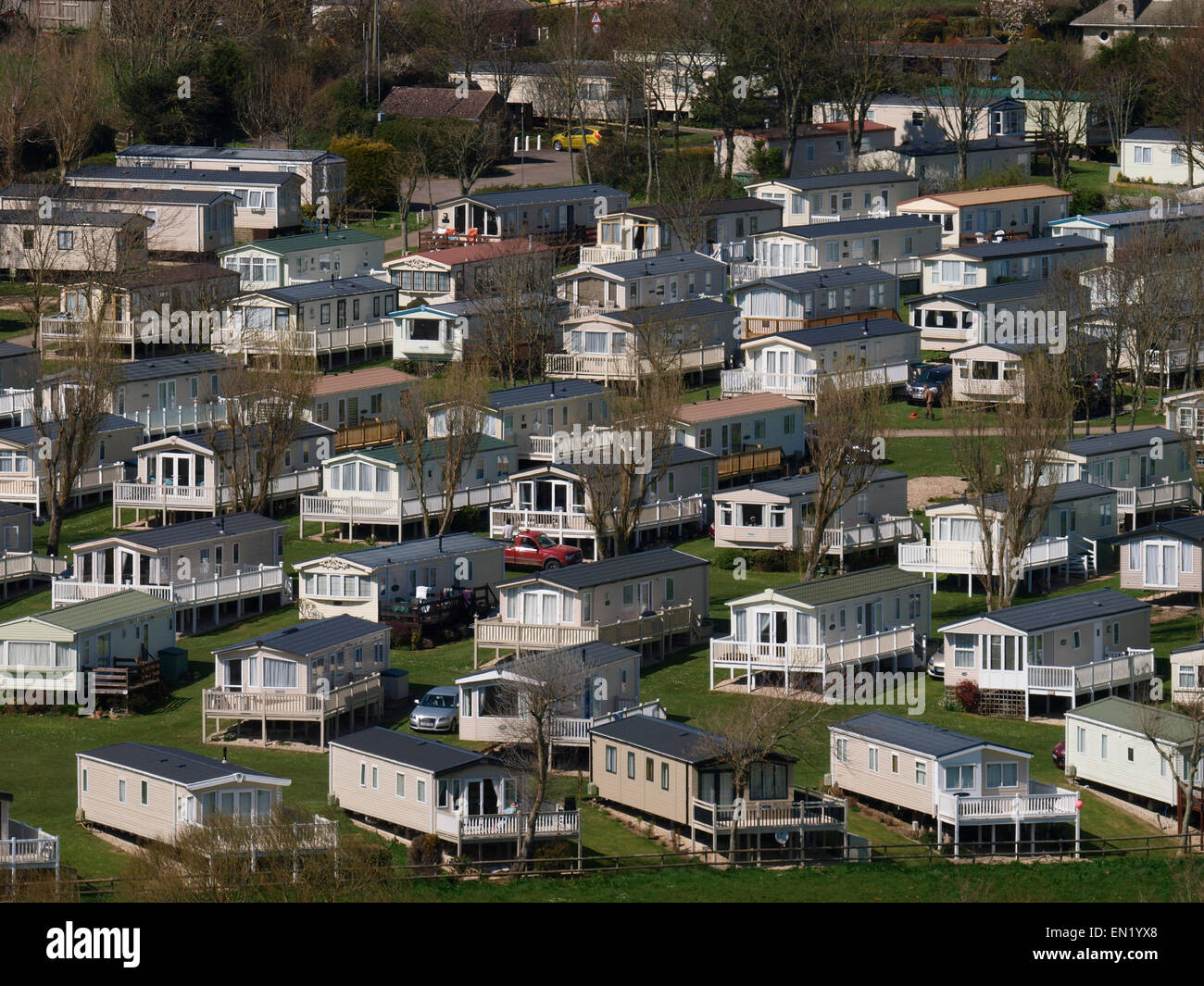 Static caravan park homes, Golden Cap Holiday Park, Seatown, Dorset, UK Banque D'Images