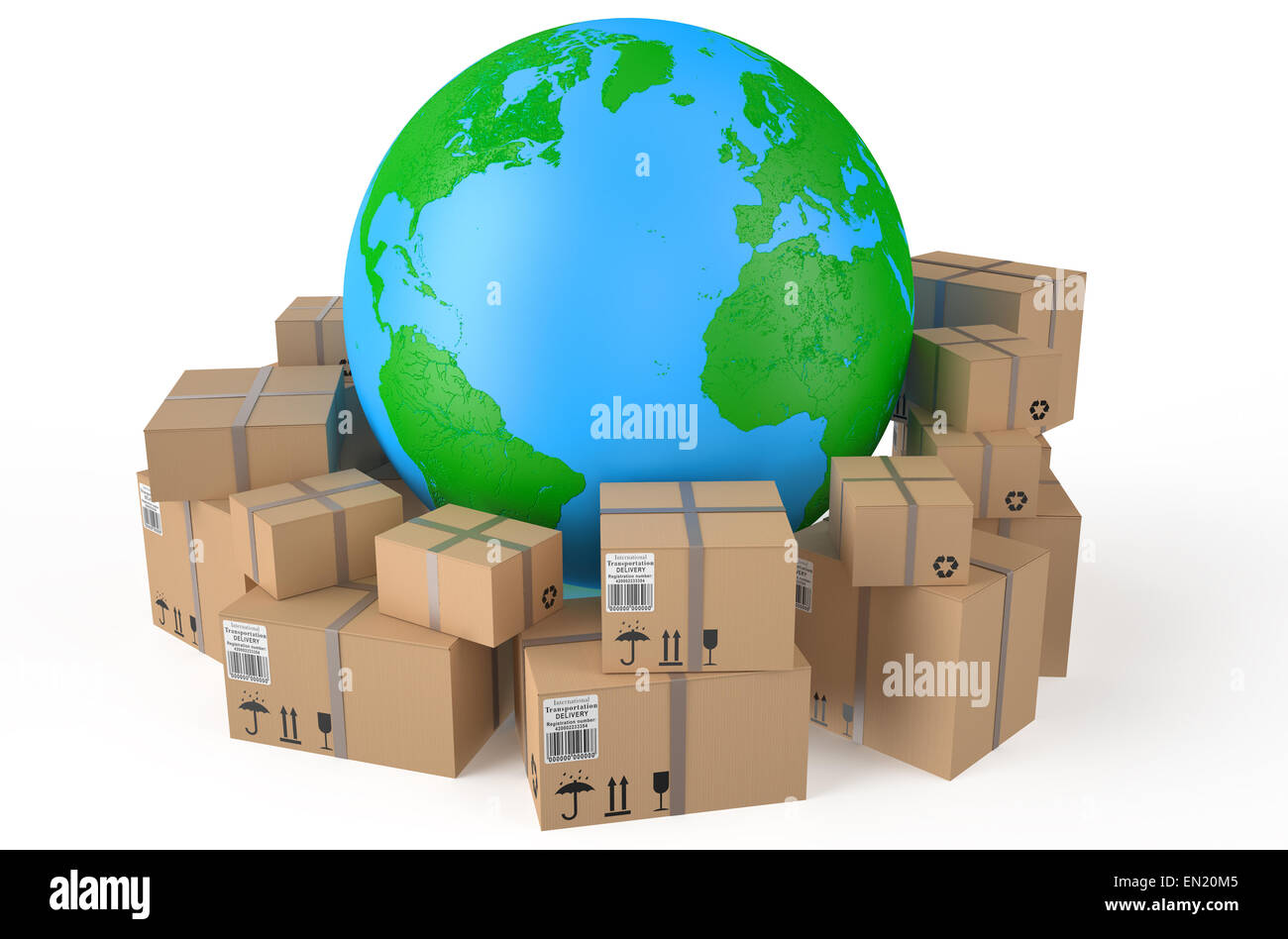 Boîtes de carton autour du globe de la terre isolé sur fond blanc Photo  Stock - Alamy
