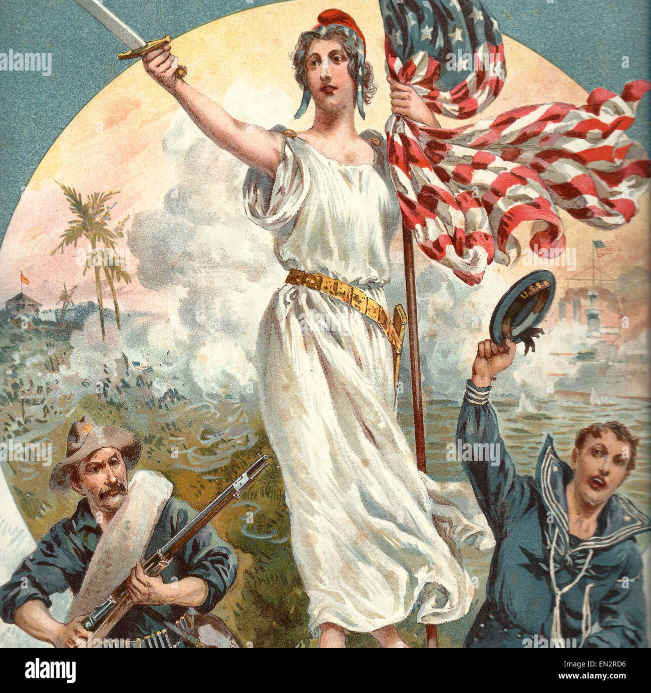 La guerre hispano-américaine - Colombie-Britannique tenant un drapeau américain et d'une épée ouvre la voie avec un soldat américain et marin à côté d'elle Banque D'Images