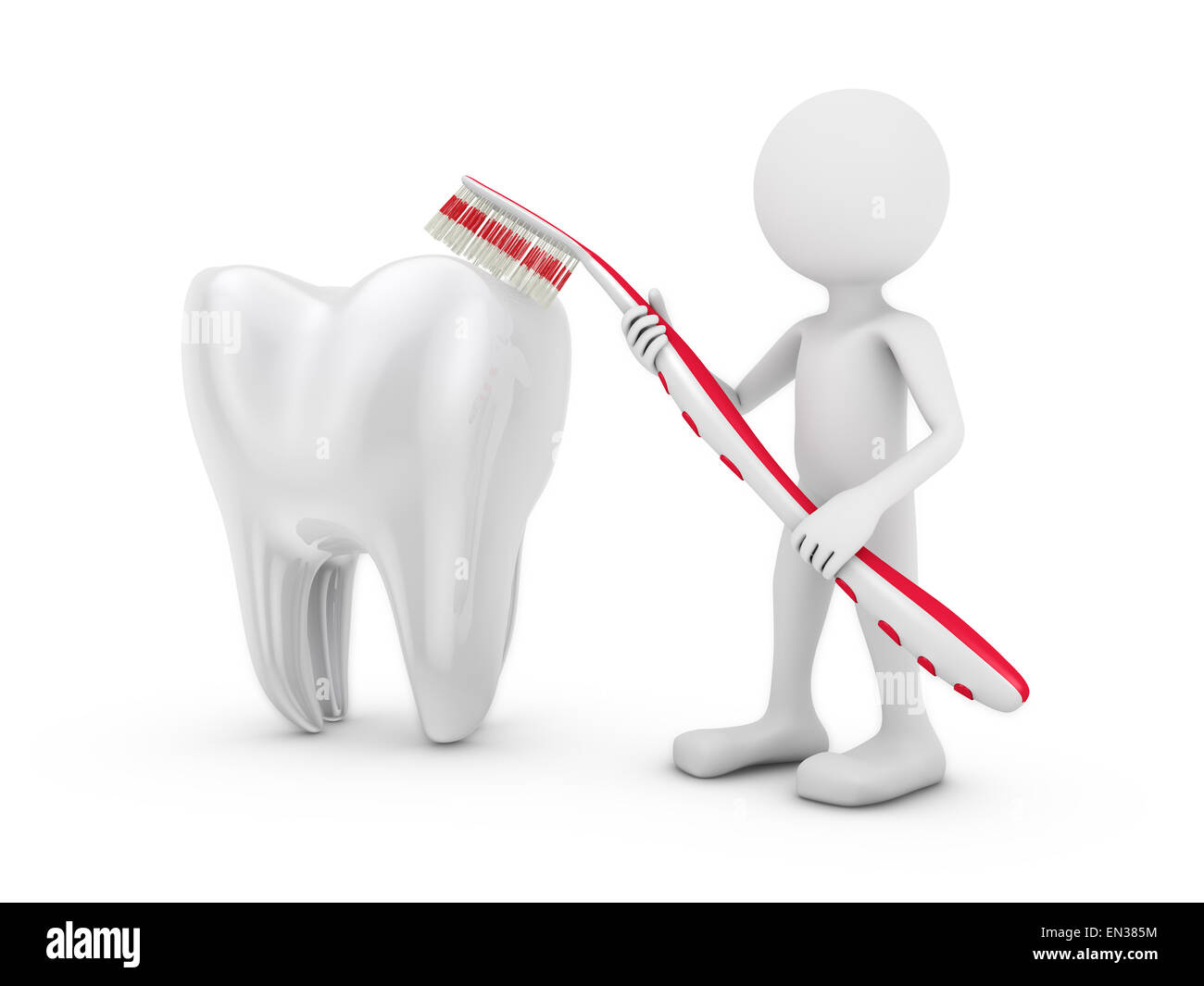 Homme avec une brosse à dents nettoie dent sur fond blanc Banque D'Images