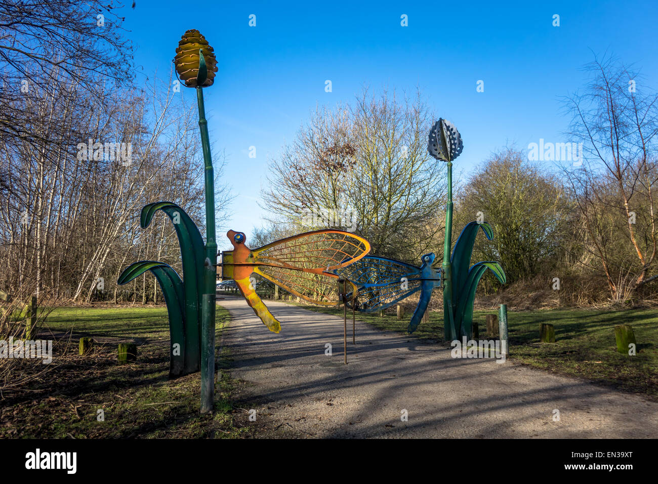 Une libellule et sculpture de fleurs formant un gate à Anderton Nature Park, Northwich Cheshire. Banque D'Images