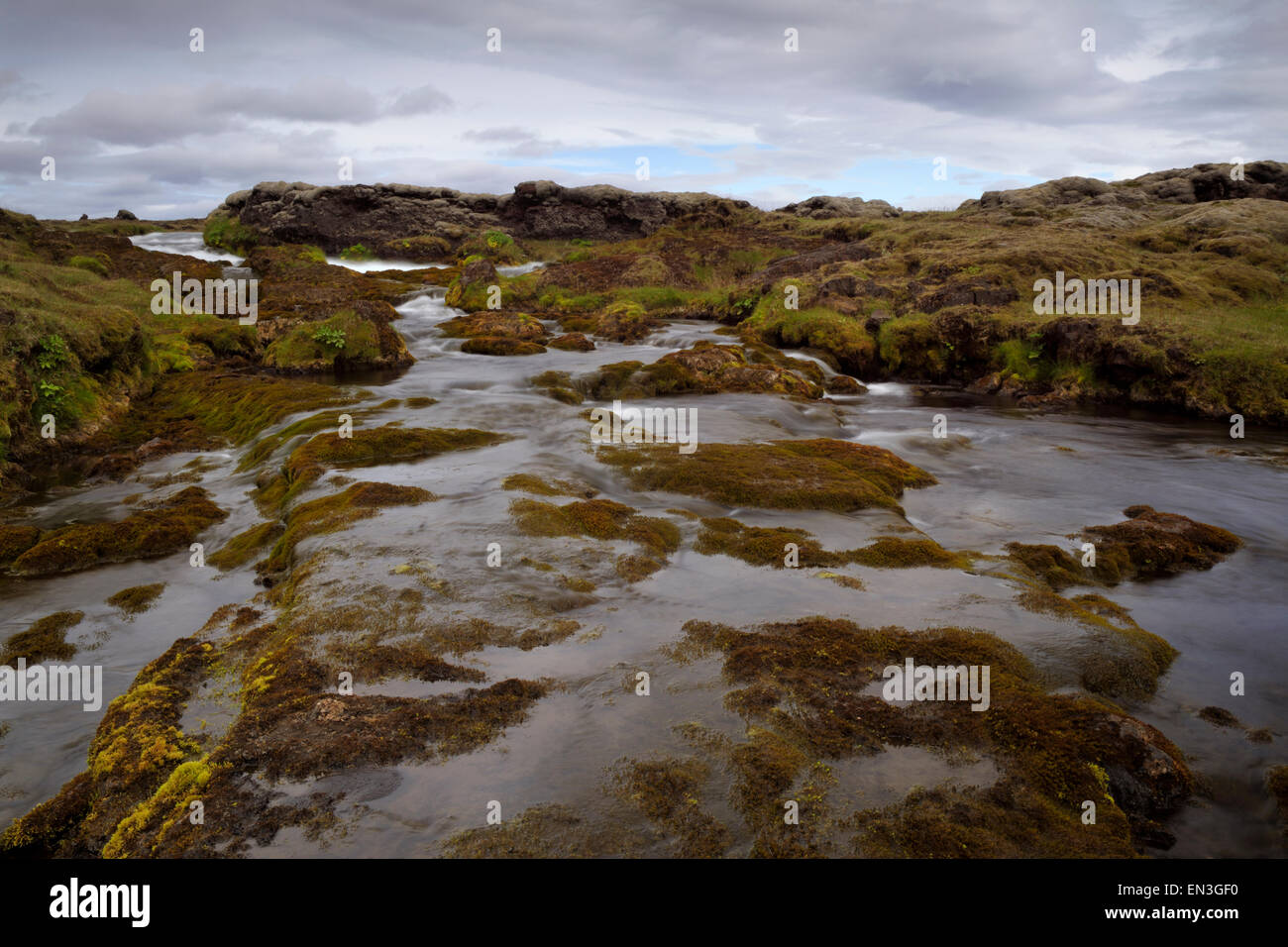 Rivière qui traverse le paysage volcanique en Islande Banque D'Images