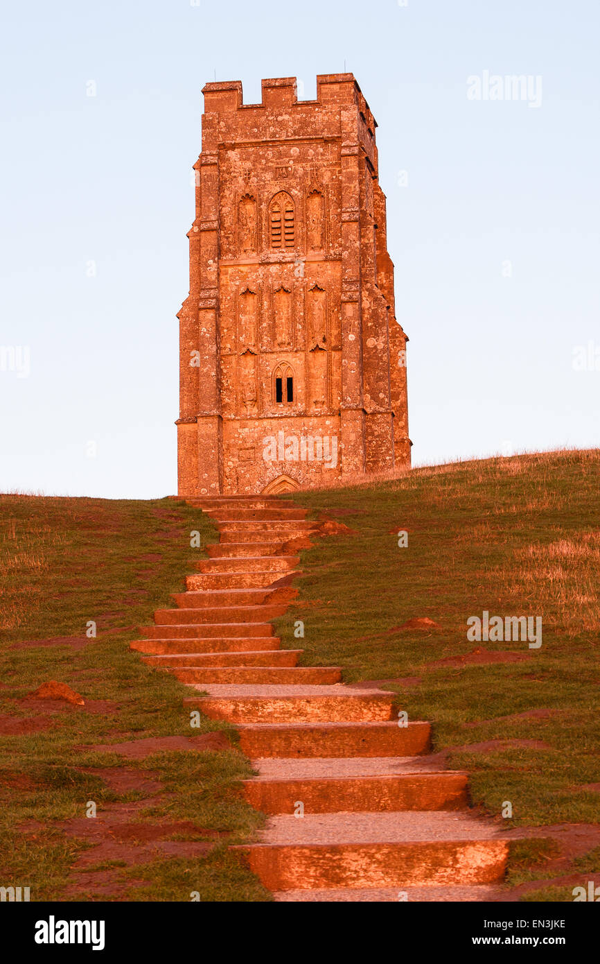 Glastonbury Tor s'élevant au-dessus de Somerset Somerset,Angleterre,Royaume-Uni. Banque D'Images