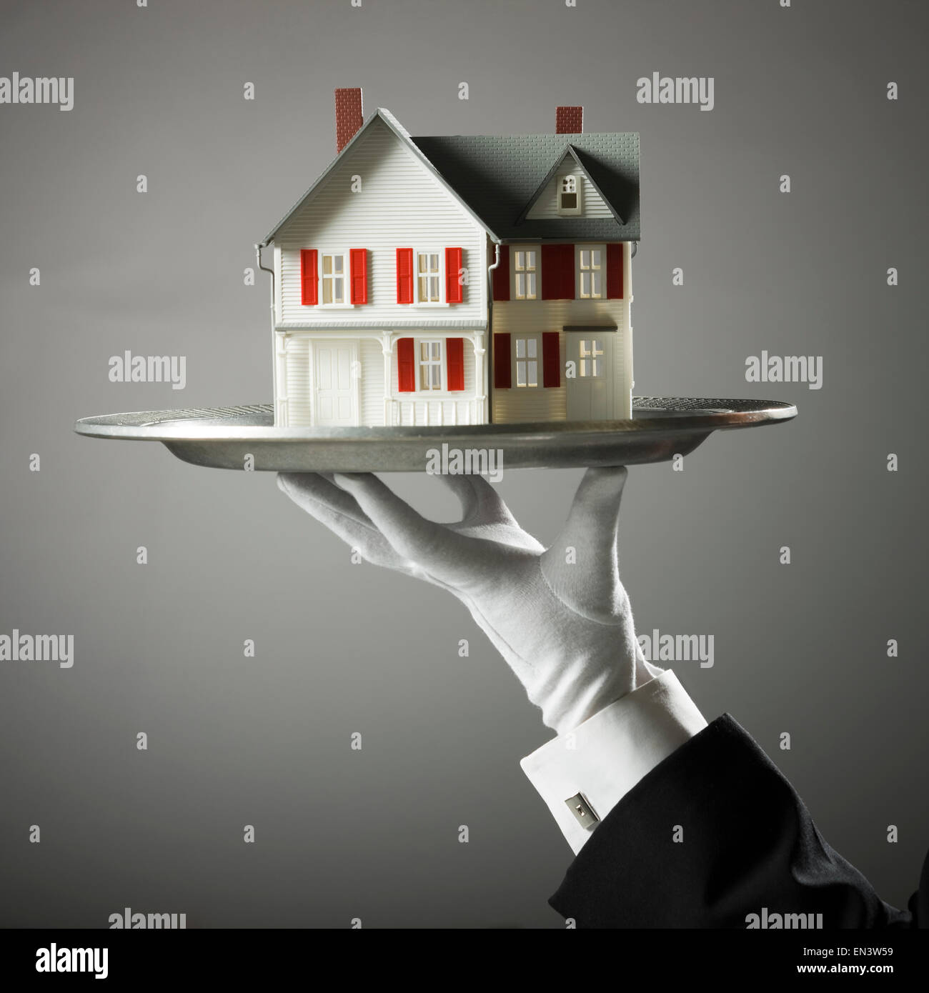 Butler main tenant une chambre sur un plateau Banque D'Images