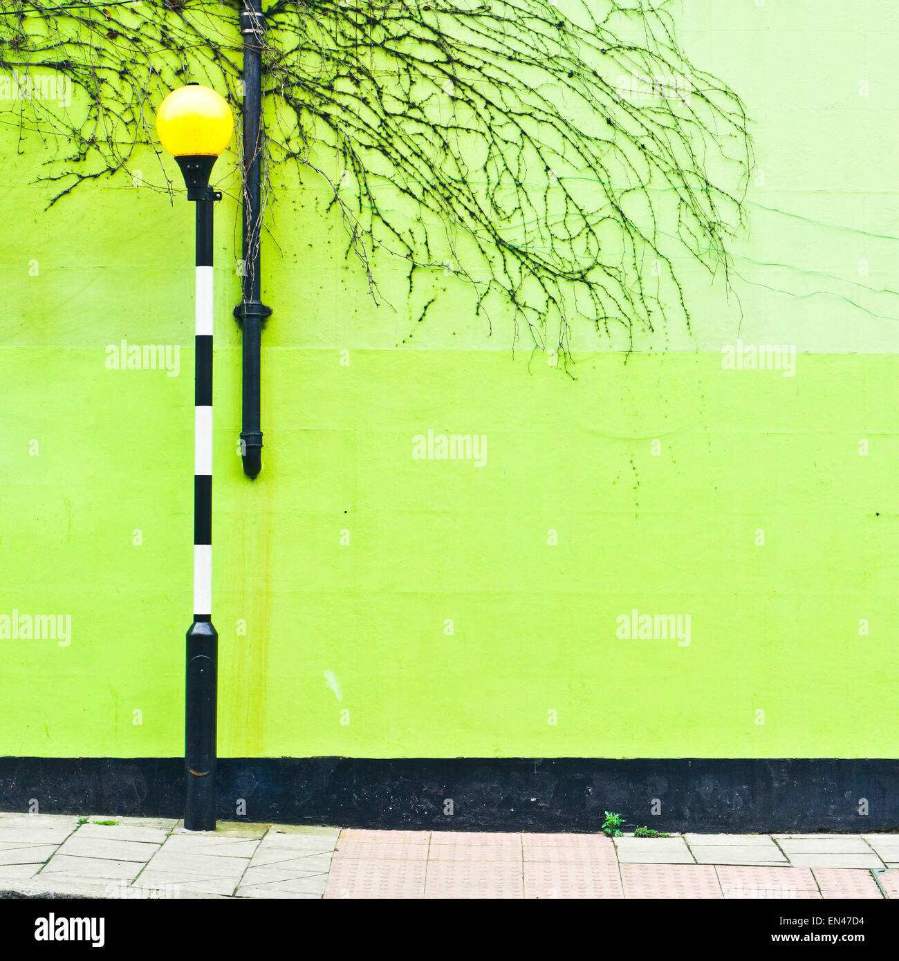 Une lampe à un passage piétons devant un mur vert à Londres, Royaume-Uni Banque D'Images