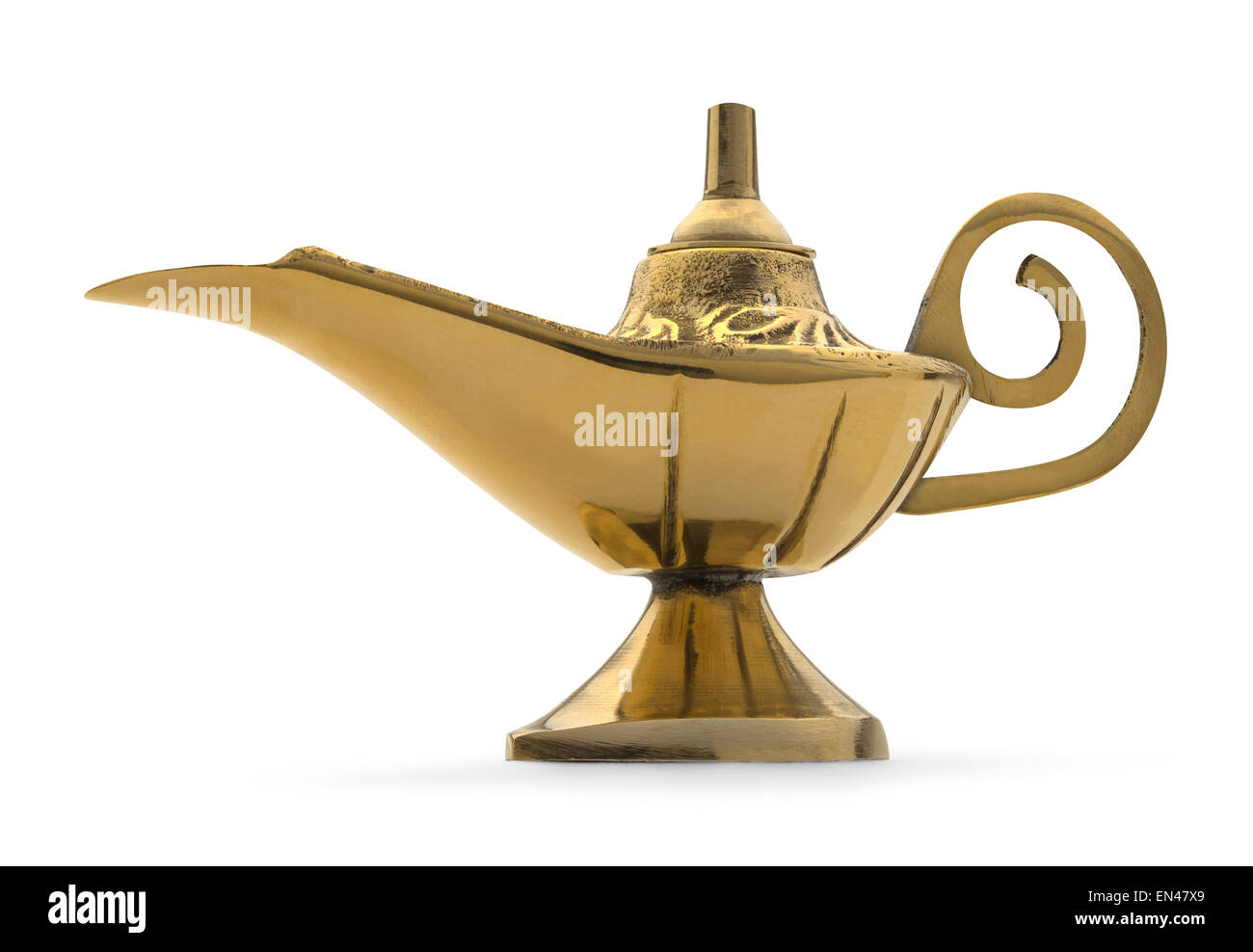 Or métallique Lampe Génie isolé sur un fond blanc. Banque D'Images
