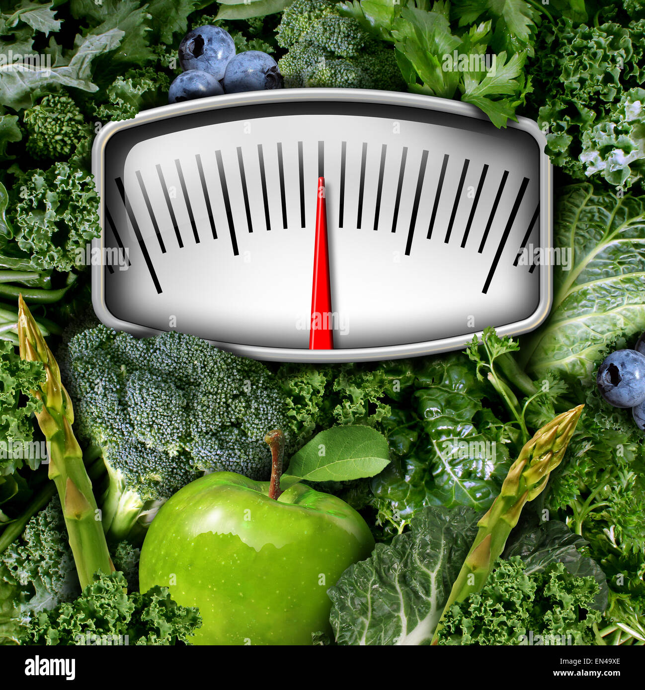 Fruits et légumes à l'échelle de poids concept comme un groupe d'aliments naturels comme le brocoli blue berries apple et les légumes-feuilles vert avec un compteur de mesure comme un symbole d'alimentation la nutrition et de remise en forme de vie. Banque D'Images