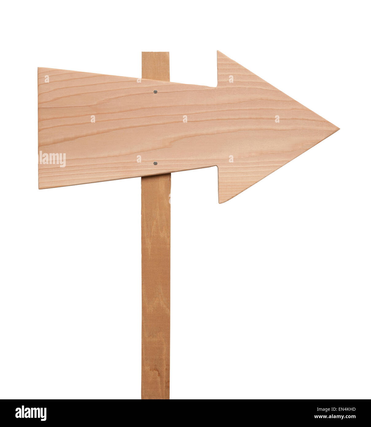 Flèche en bois signe cloué à poster isolé sur fond blanc. Banque D'Images