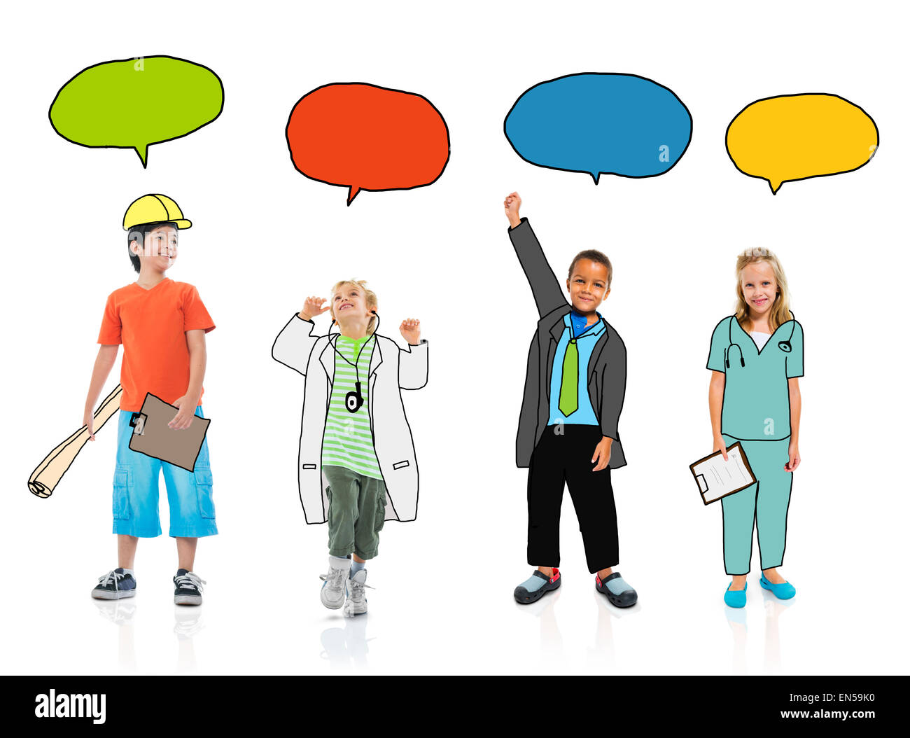 Groupe d'enfants dans les rêves d'uniforme avec bulles Banque D'Images