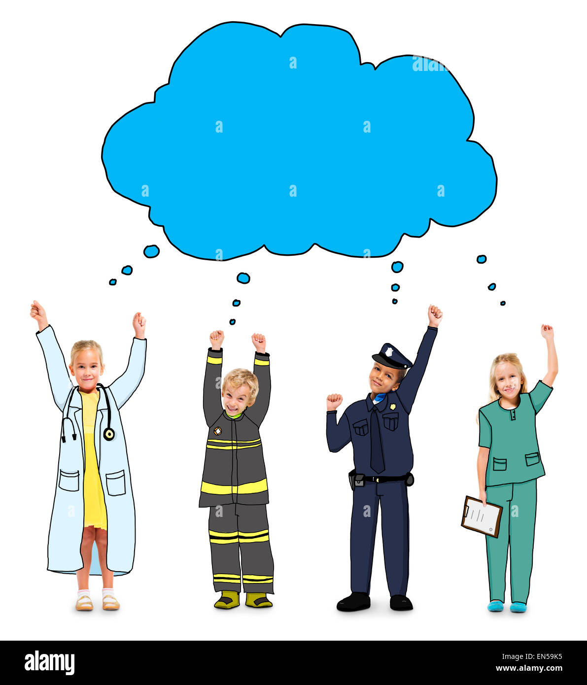 Groupe d'enfants dans les rêves et bulle de pensée uniforme d'emploi Banque D'Images