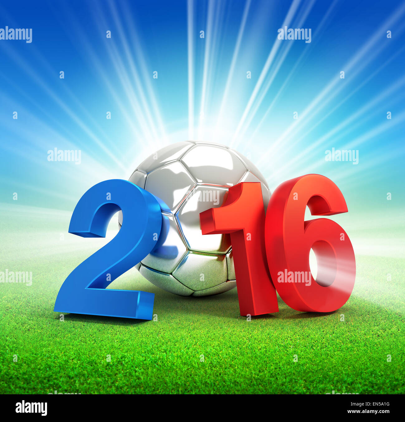 France 2016, année illustré avec un ballon de soccer d'argent, allumée sur une pelouse Banque D'Images