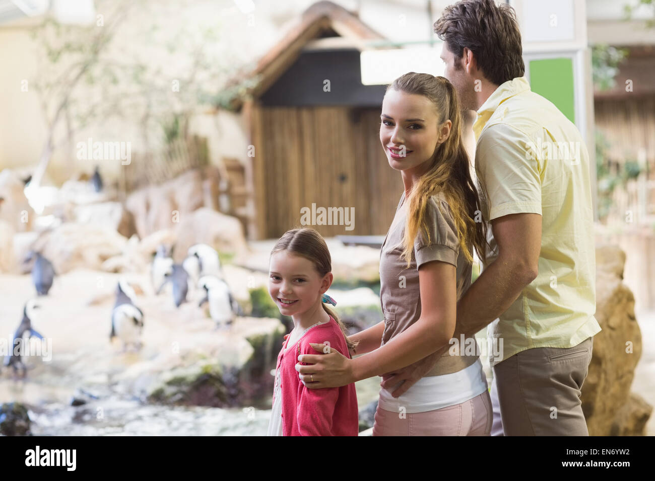 Famille heureuse en regardant les pingouins Banque D'Images