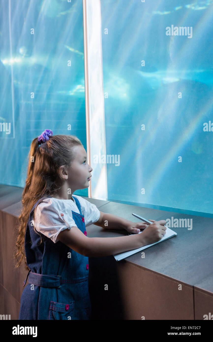 Little girl looking at fish tank Banque D'Images