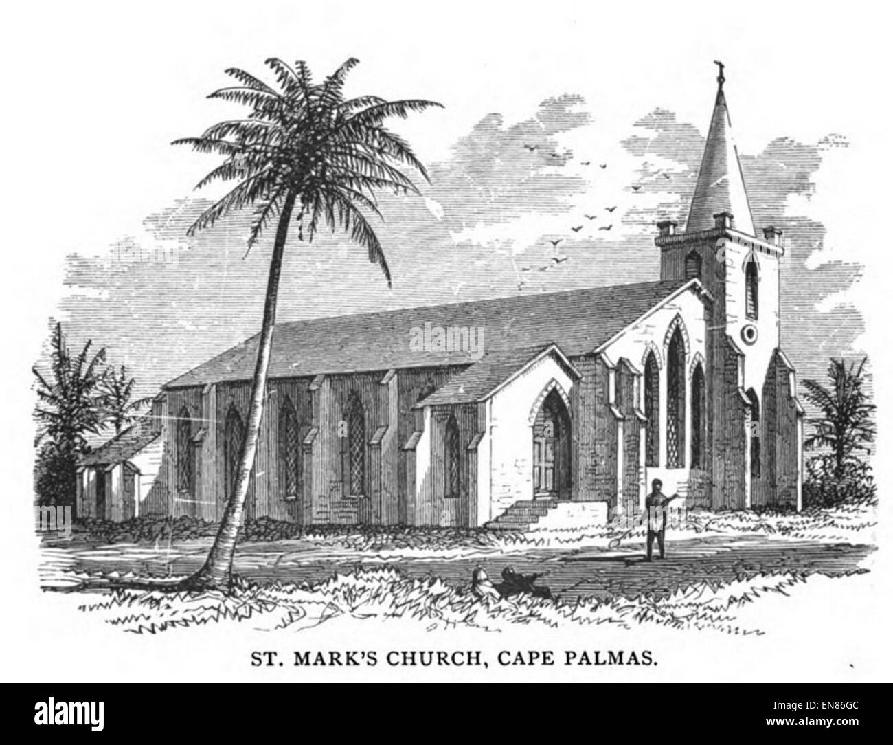 Cette illustration de Foster de 1884 présente l'église de Mark à Cape Palmas, au Libéria. L'église est un monument religieux et culturel important dans la région. Banque D'Images