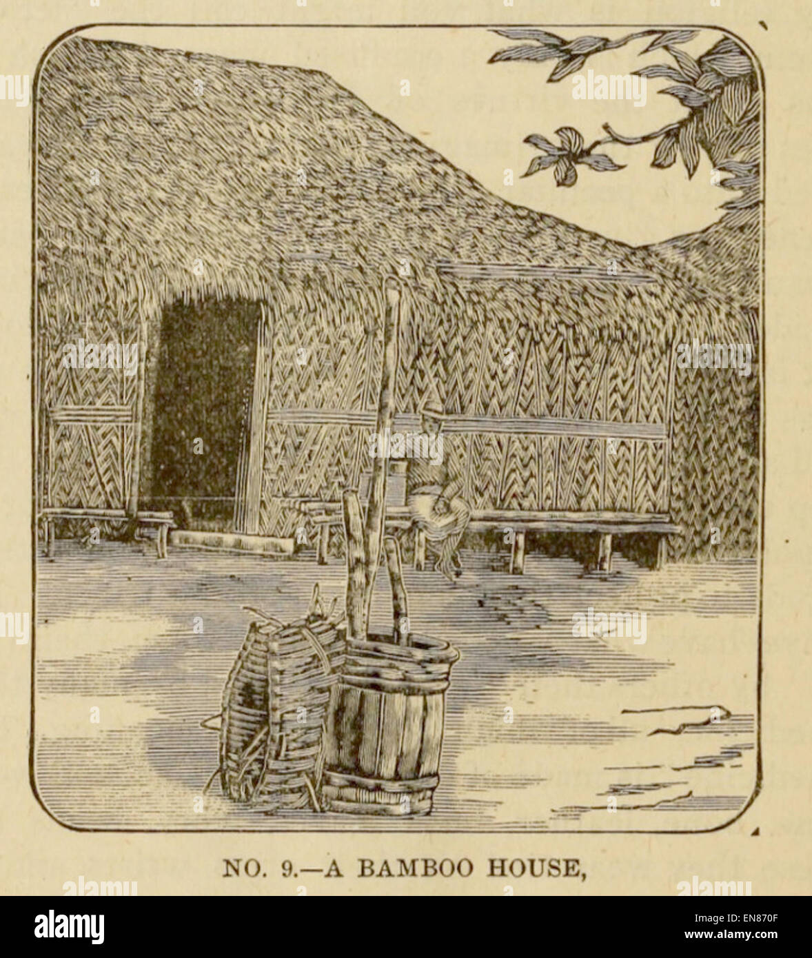 Une illustration de Harris de 1890, montrant une maison de bambou. Cela représente le style architectural communément trouvé dans les régions tropicales à la fin du XIXe siècle. Banque D'Images