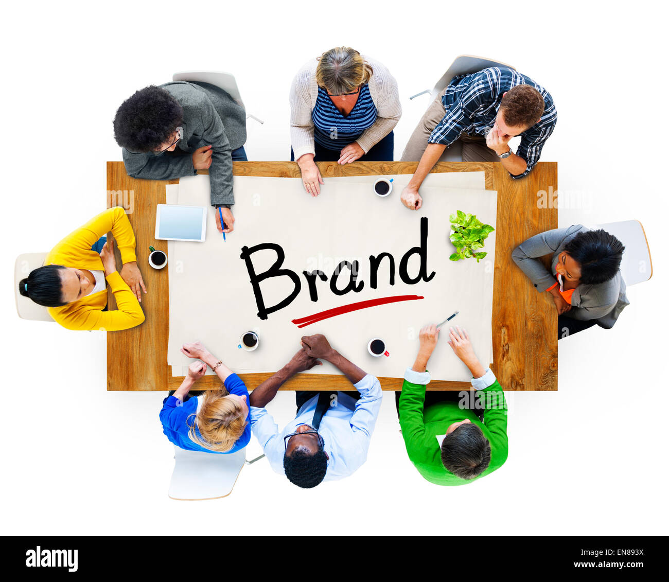 Vue aérienne du groupe multiethnique avec Concept de marque Banque D'Images