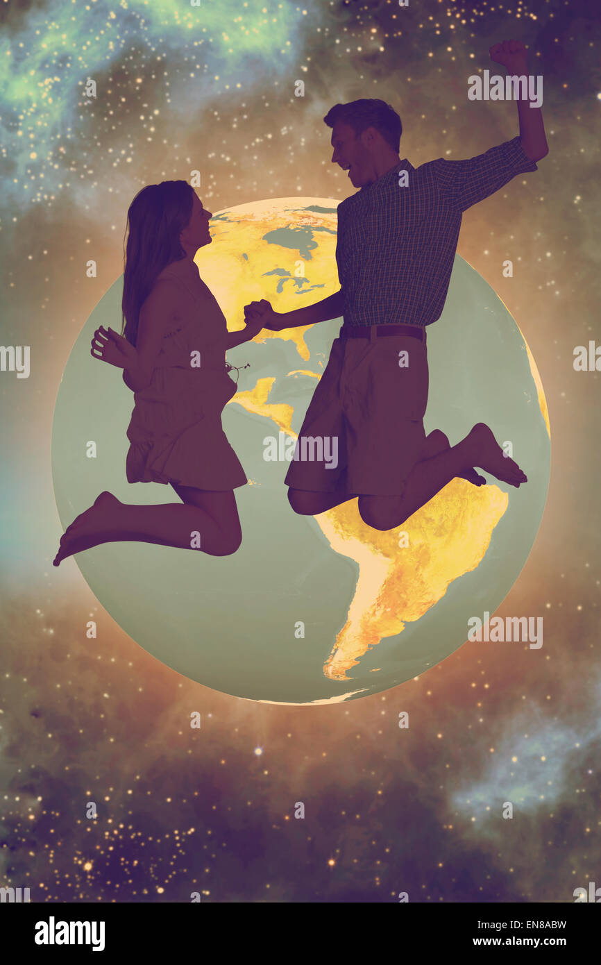 Image composite de cheerful young couple jumping Banque D'Images