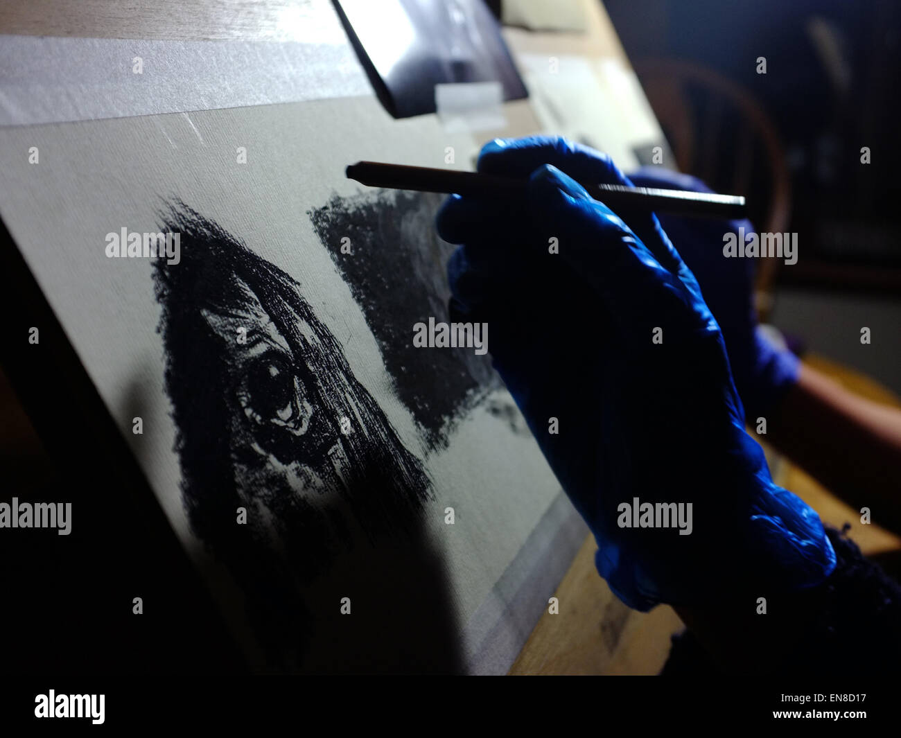 Blue gloved hands photos dessin de chevaux avec des crayons pastels. Banque D'Images